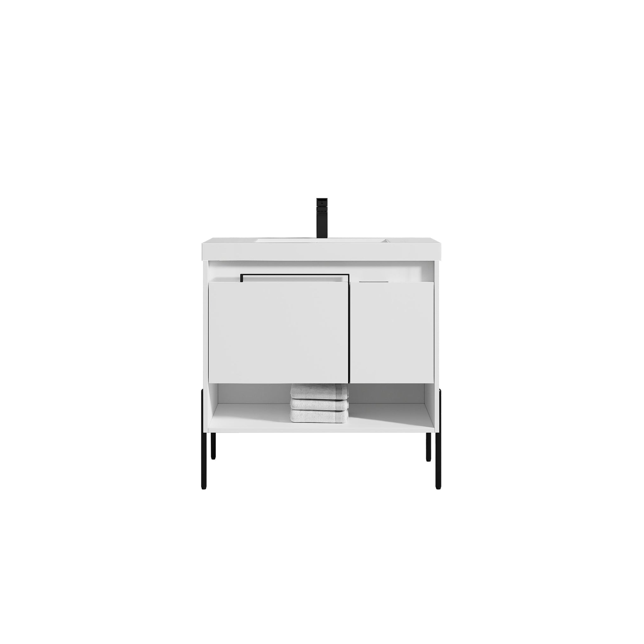 Blossom, Blossom Turin 36" 1-Door 1-Drawer Matte White Freestanding Single Vanity Base With Open Shelf, Handle and Legs