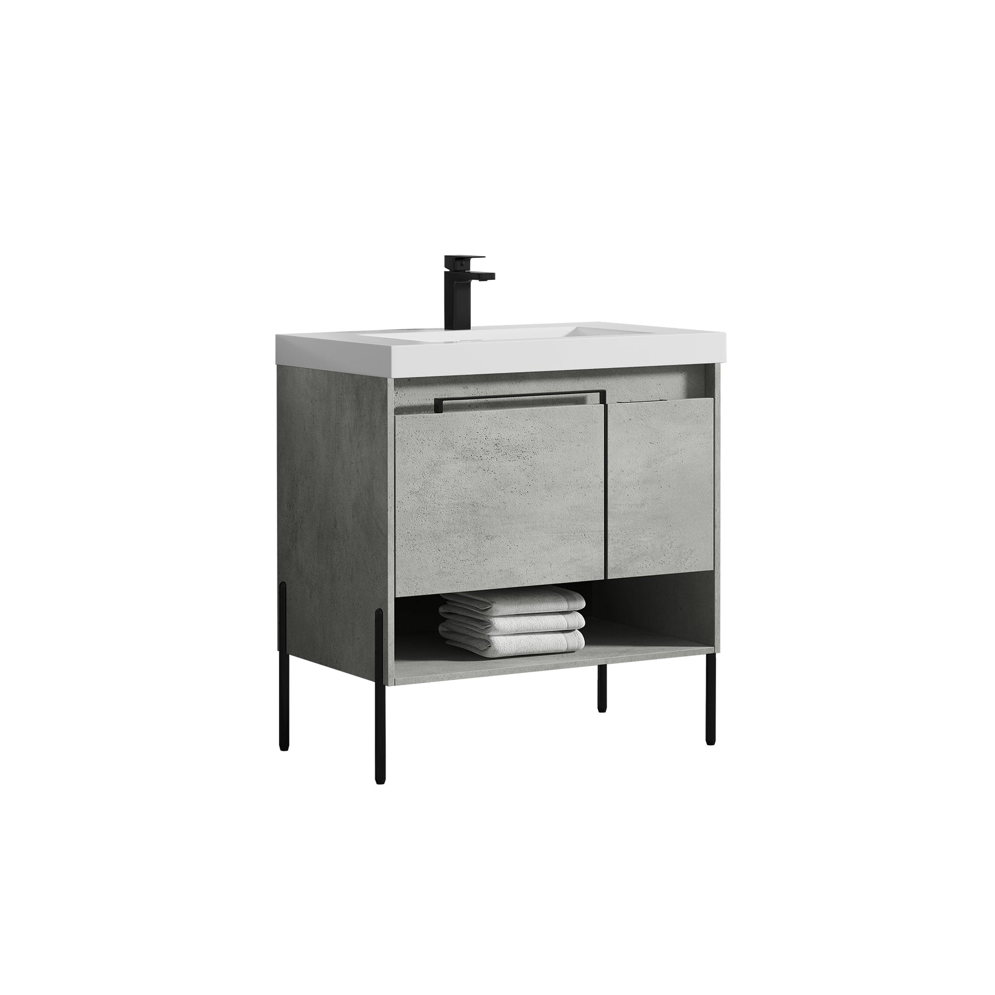 Blossom, Blossom Turin 36" 1-Door 1-Drawer Plain Cement Freestanding Single Vanity Base With Open Shelf, Handle and Legs