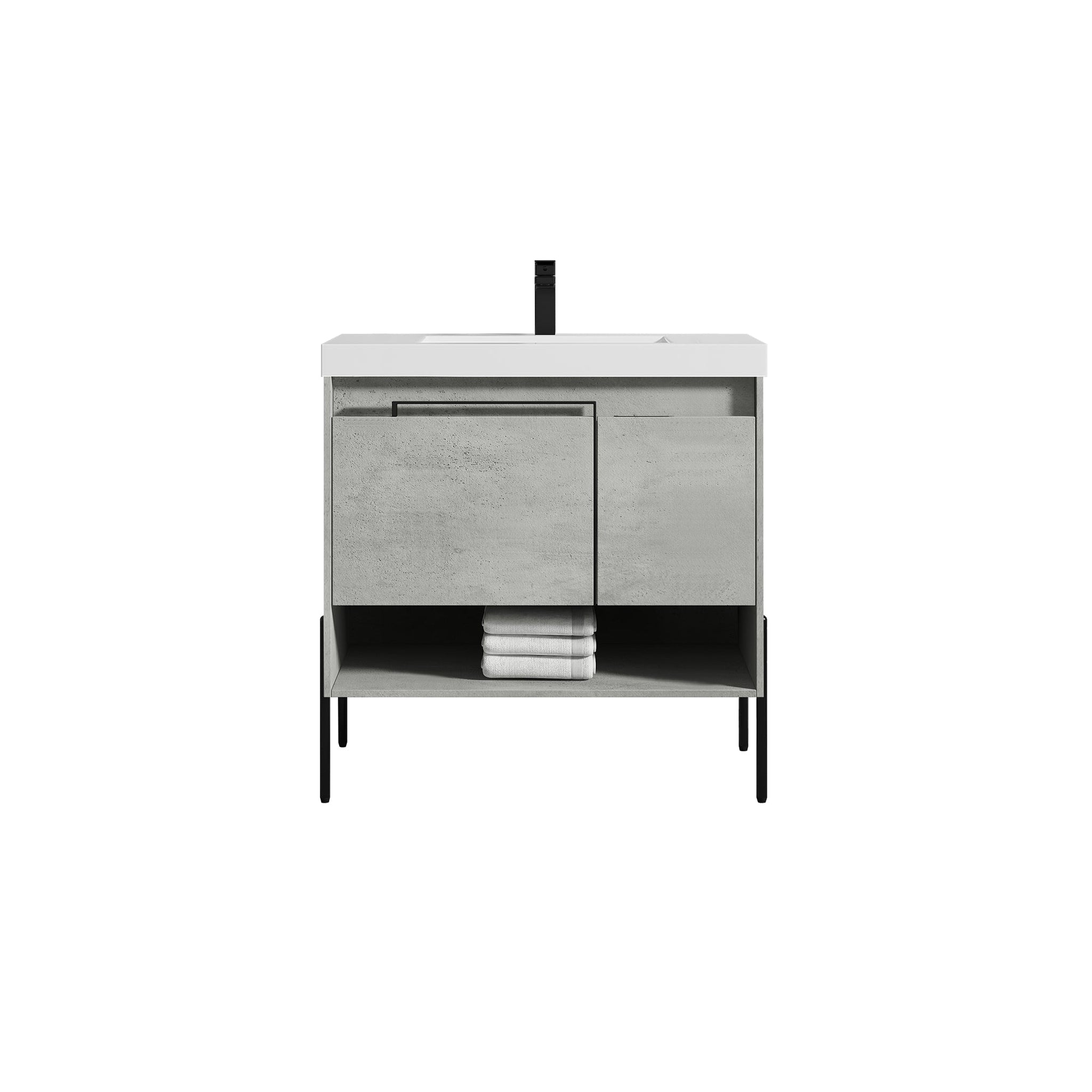 Blossom, Blossom Turin 36" 1-Door 1-Drawer Plain Cement Freestanding Single Vanity Base With Open Shelf, Handle and Legs