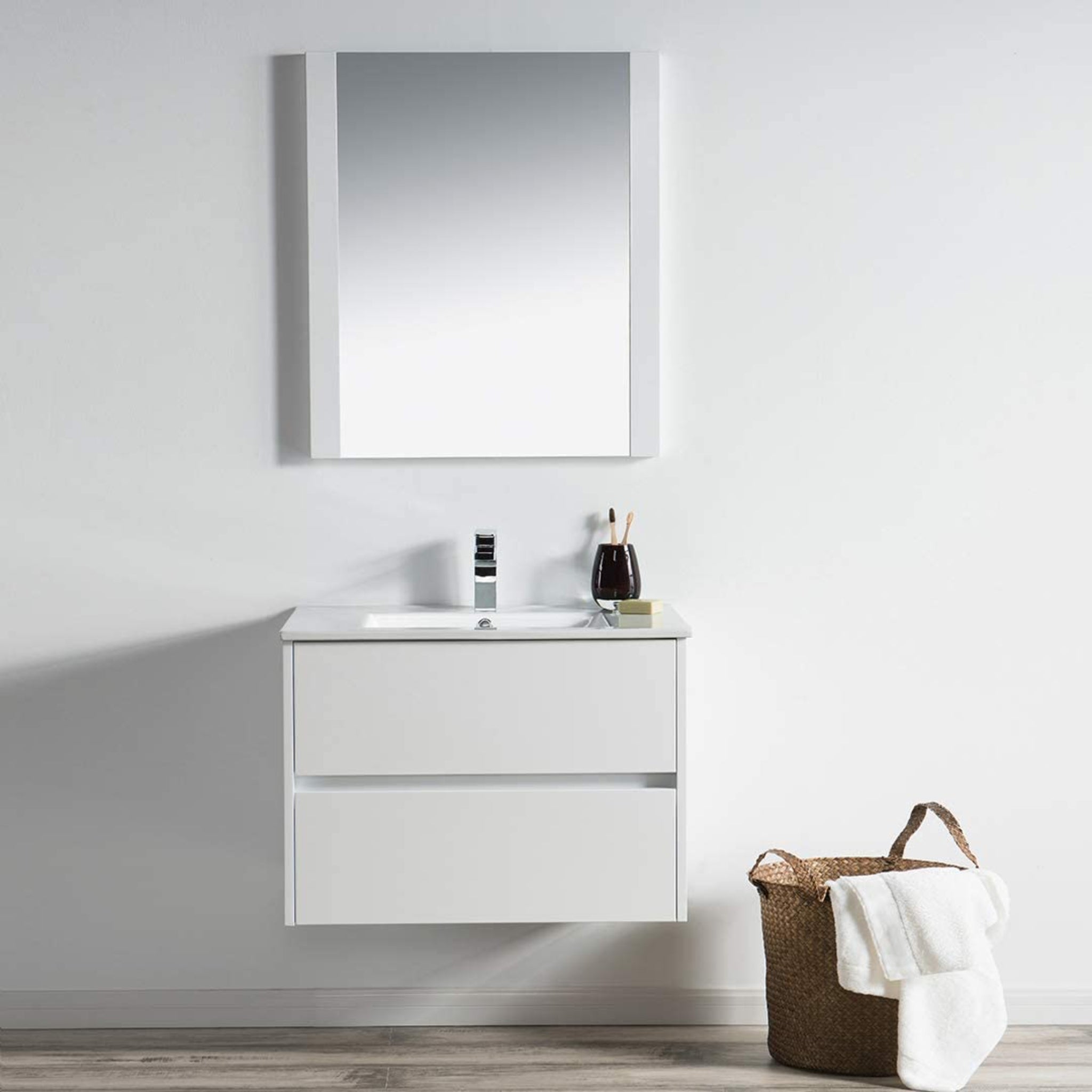 Blossom, Blossom Valencia 30" 2-Drawer White Wall-Mounted Vanity Set With Ceramic Top, Integrated Single Sink and Mirror