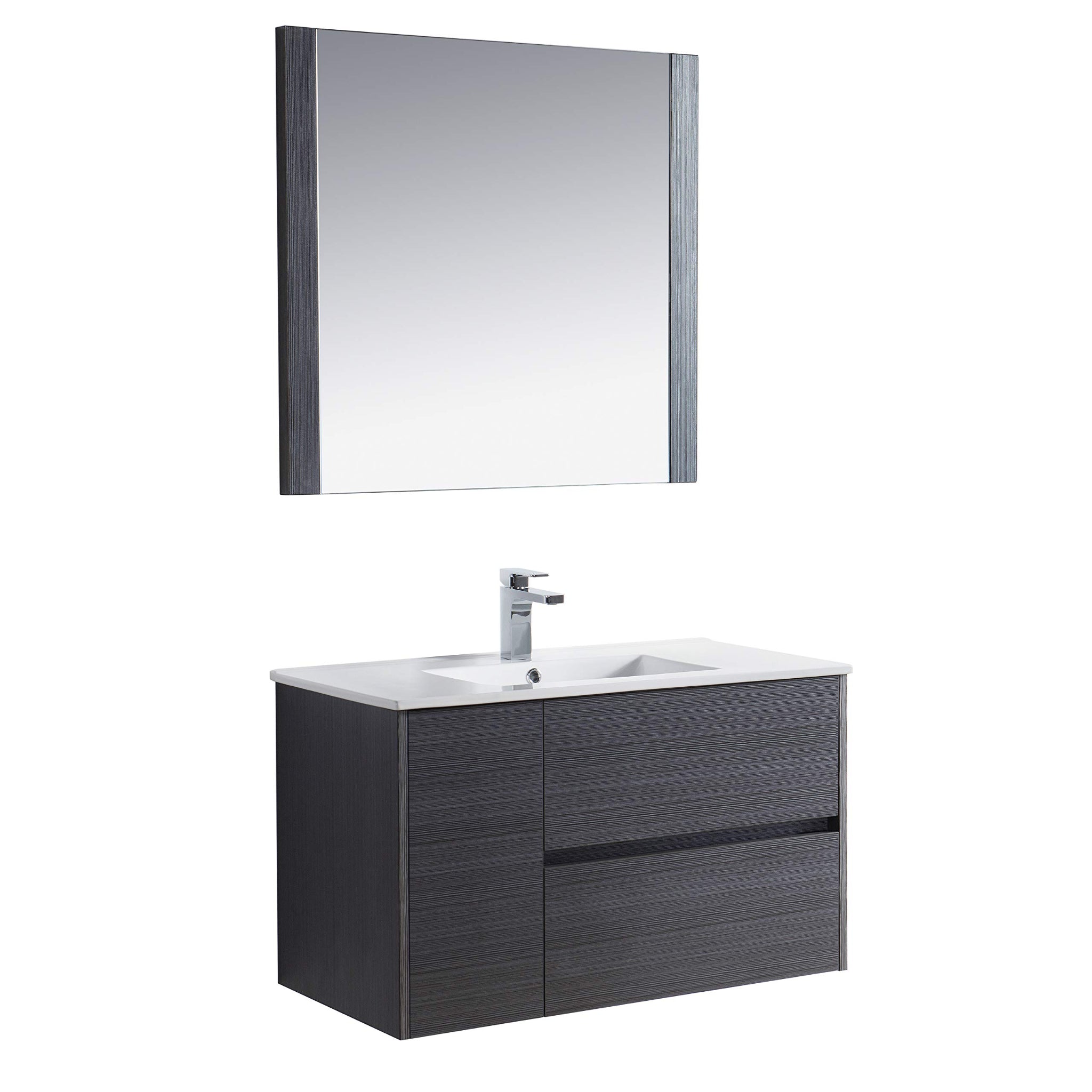 Blossom, Blossom Valencia 36" 1-Door 2-Drawer Silver Gray Wall-Mounted Vanity Set With Ceramic Top, Integrated Single Sink and Mirror