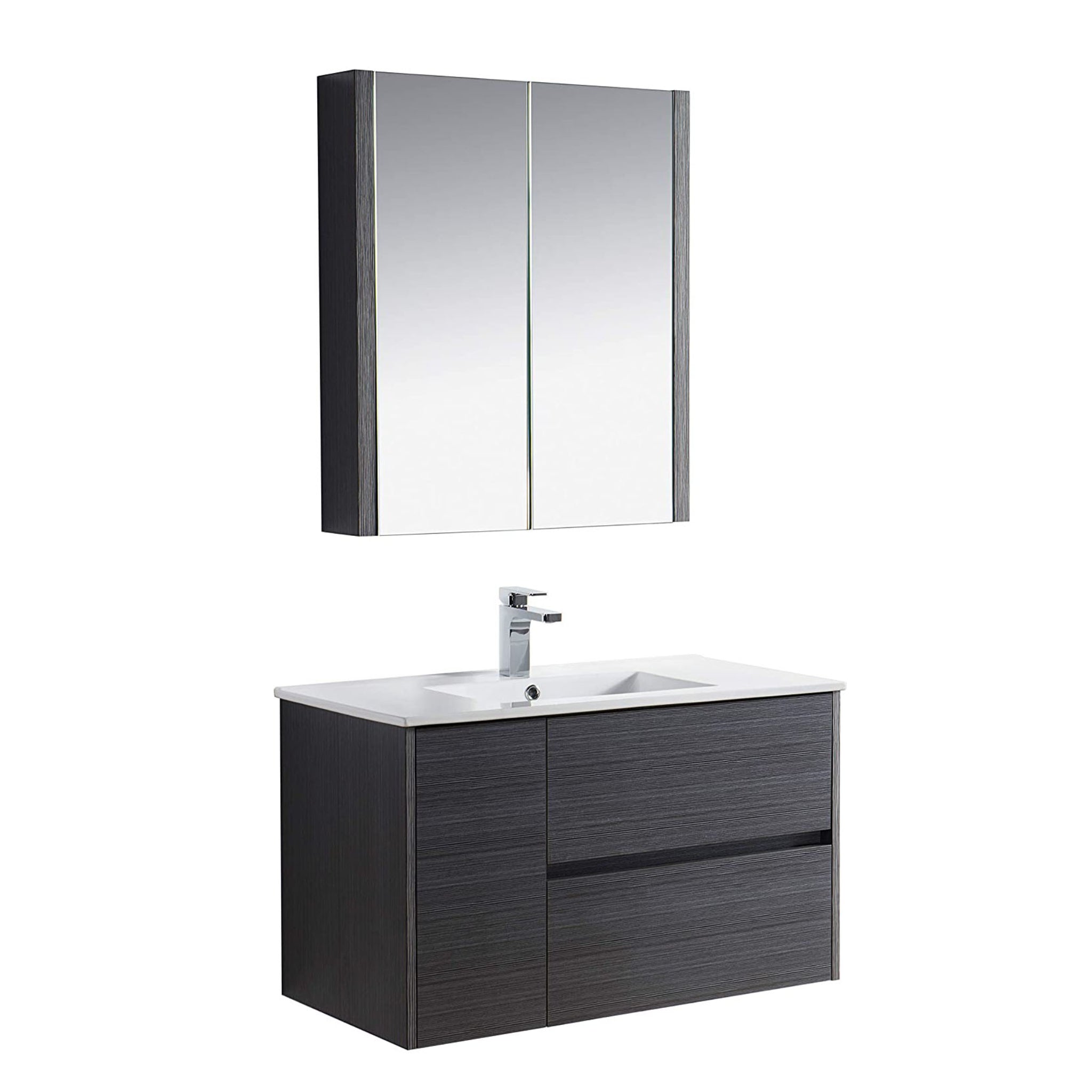 Blossom, Blossom Valencia 36" 1-Door 2-Drawer Silver Gray Wall-Mounted Vanity Set With Ceramic Top and Integrated Single Sink and Medicine Cabinet