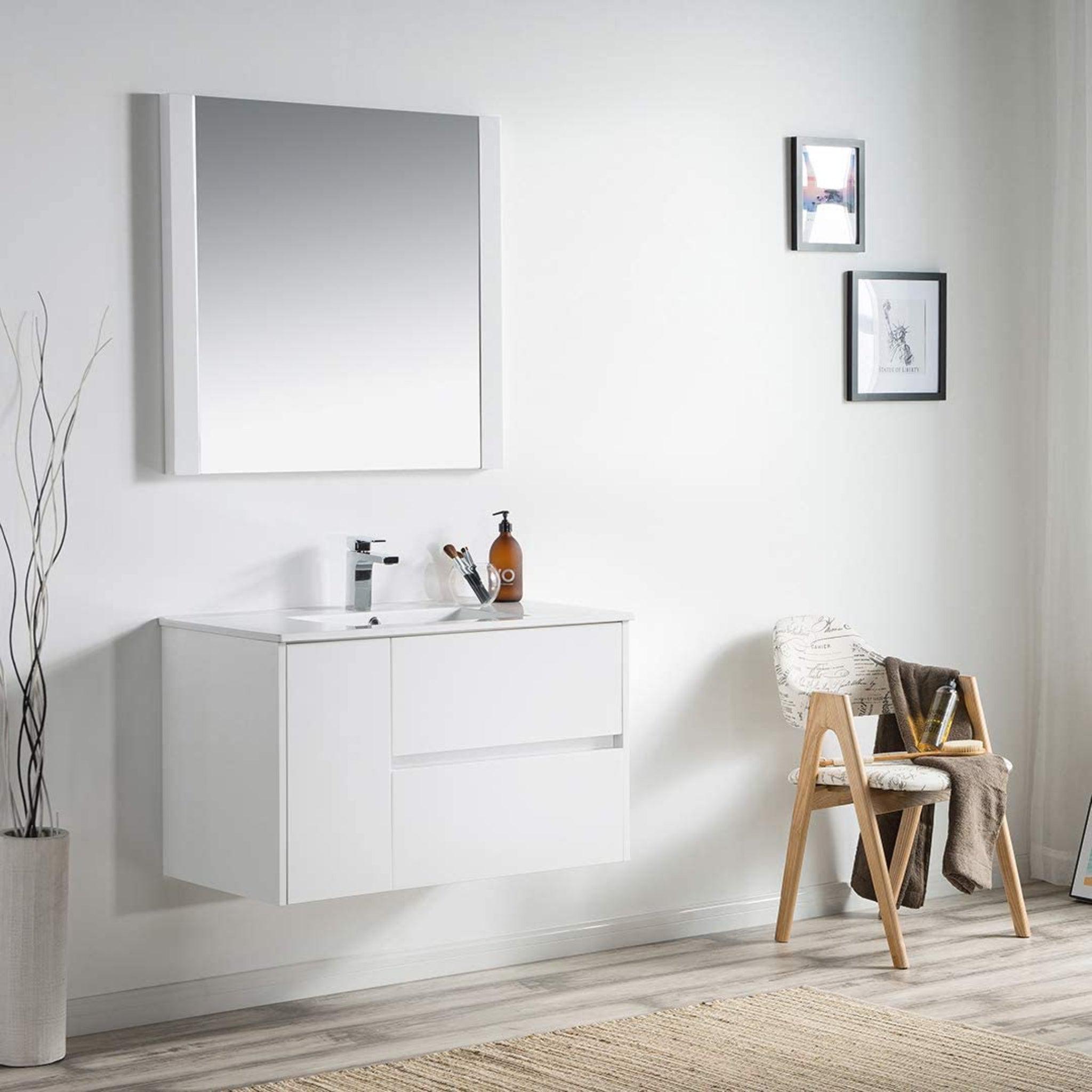 Blossom, Blossom Valencia 36" 1-Door 2-Drawer White Wall-Mounted Vanity Set With Ceramic Top, Integrated Single Sink and Mirror