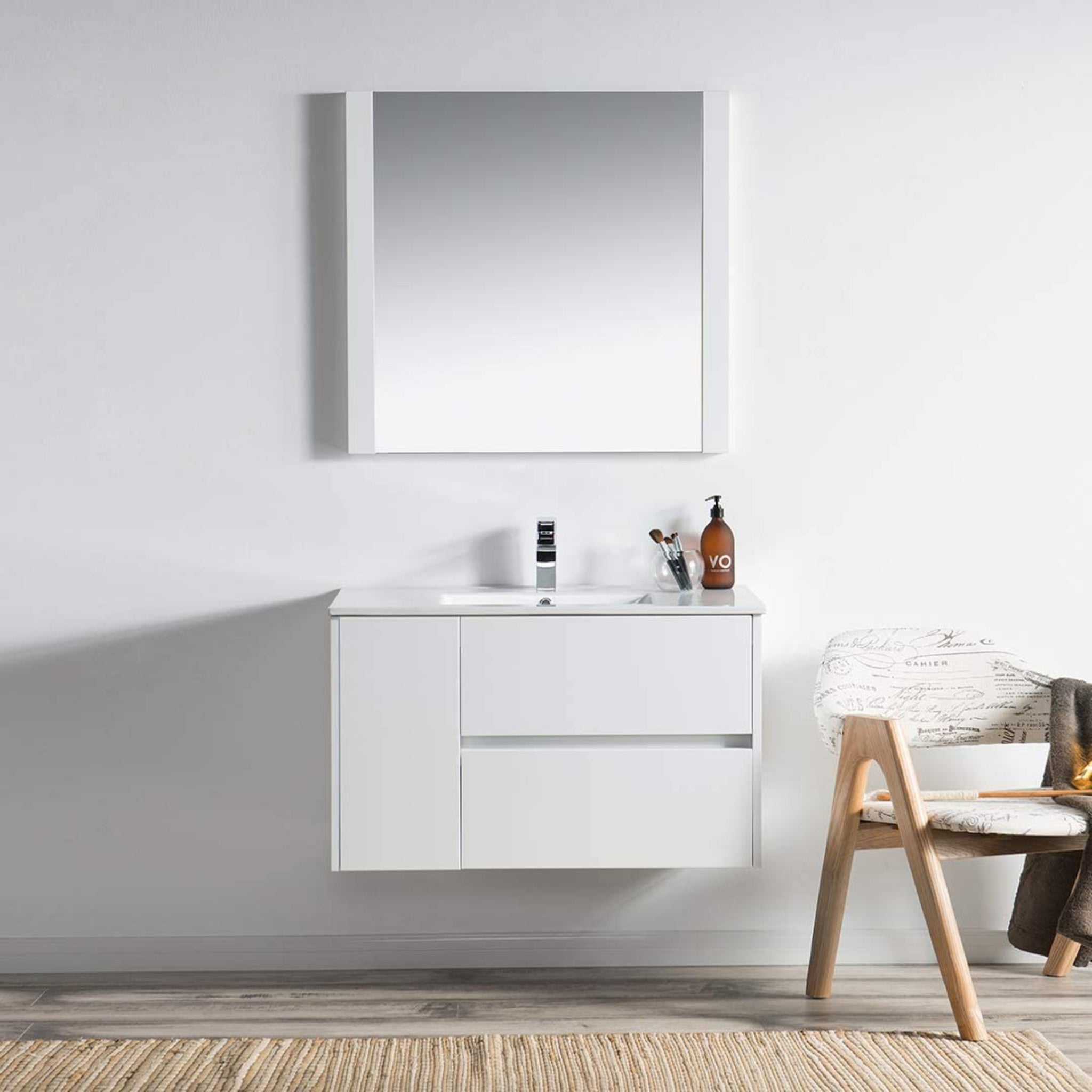 Blossom, Blossom Valencia 36" 1-Door 2-Drawer White Wall-Mounted Vanity Set With Ceramic Top, Integrated Single Sink and Mirror