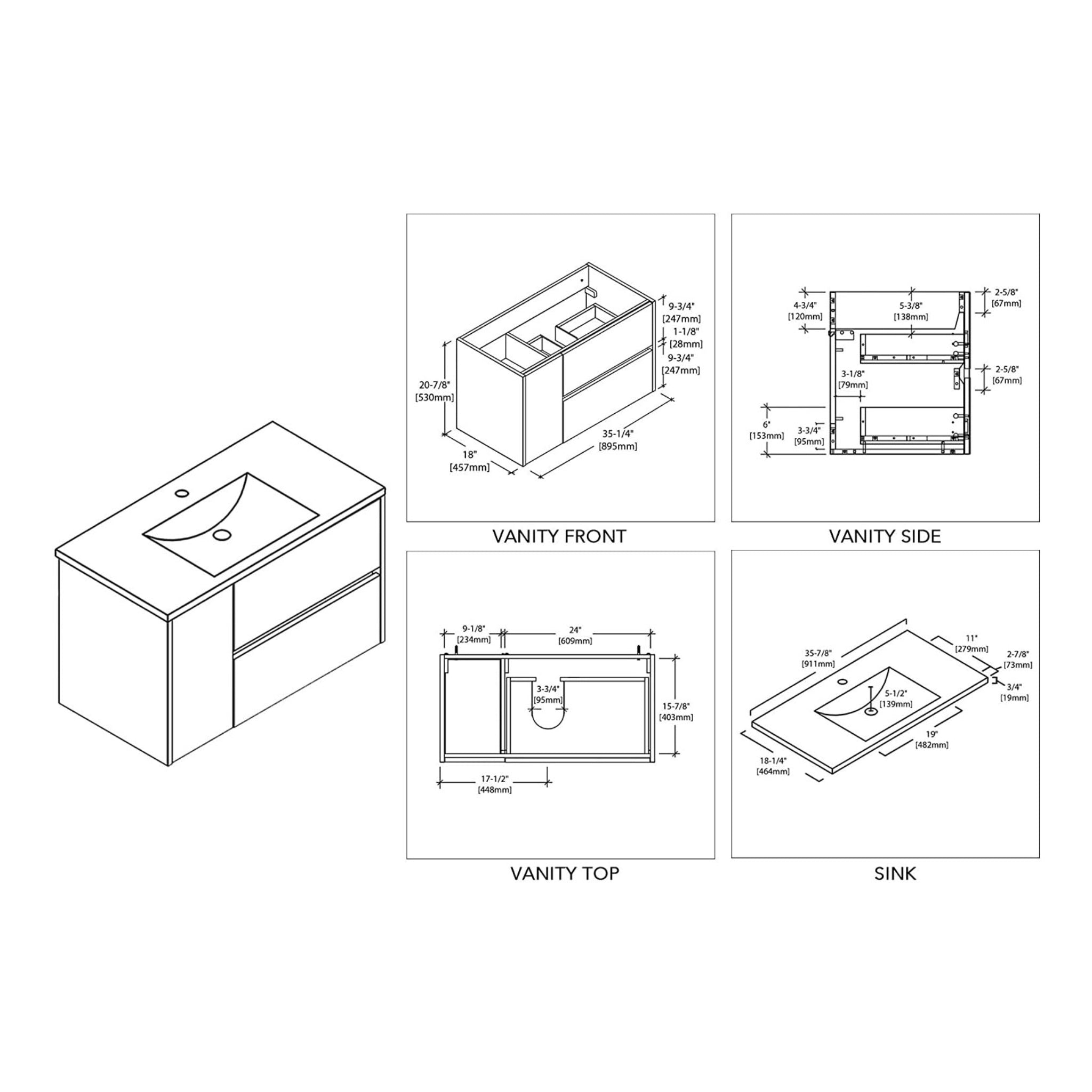 Blossom, Blossom Valencia 36" 1-Door 2-Drawer White Wall-Mounted Vanity Set With Ceramic Top and Integrated Single Sink