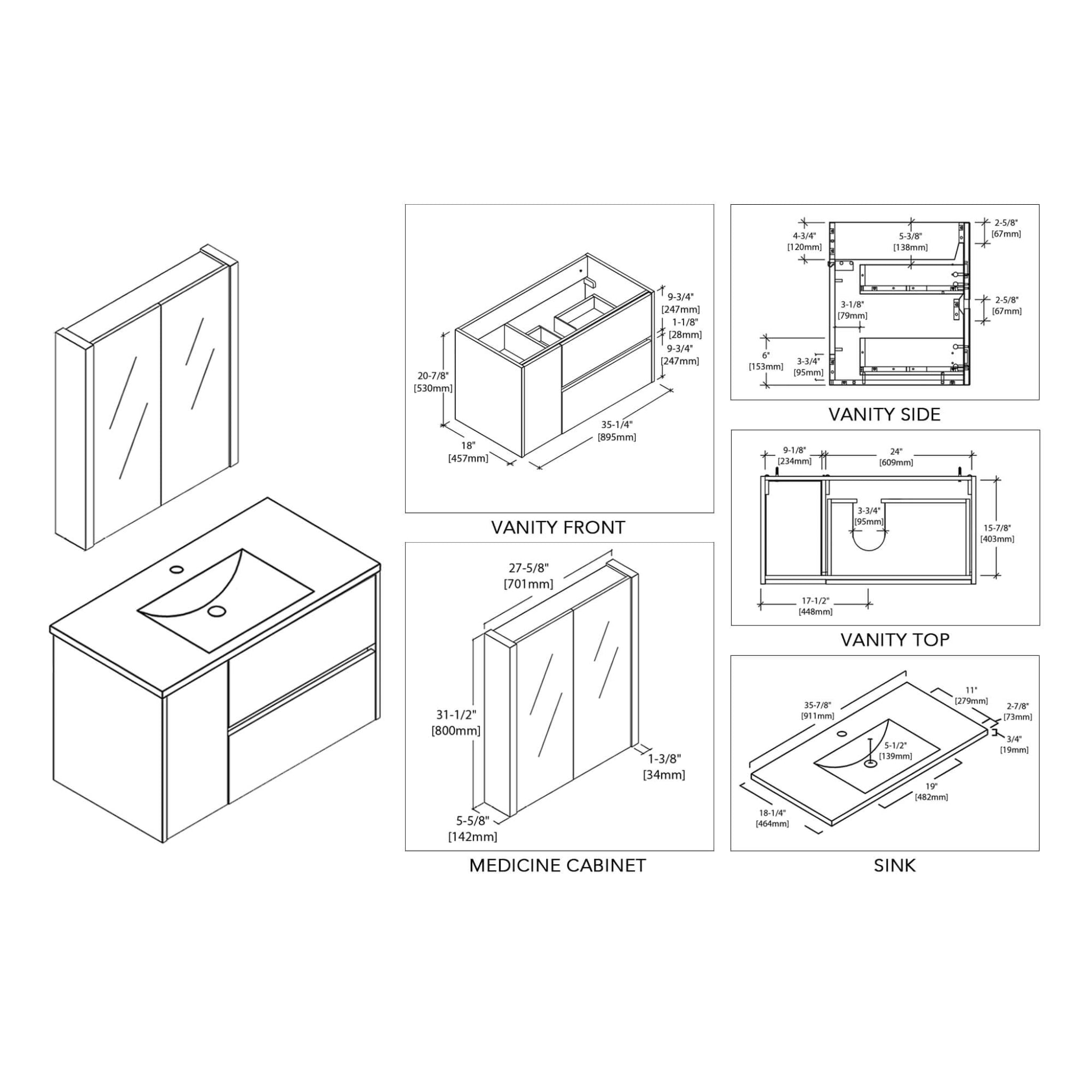 Blossom, Blossom Valencia 36" 1-Door 2-Drawer White Wall-Mounted Vanity Set With Ceramic Top and Integrated Single Sink and Medicine Cabinet