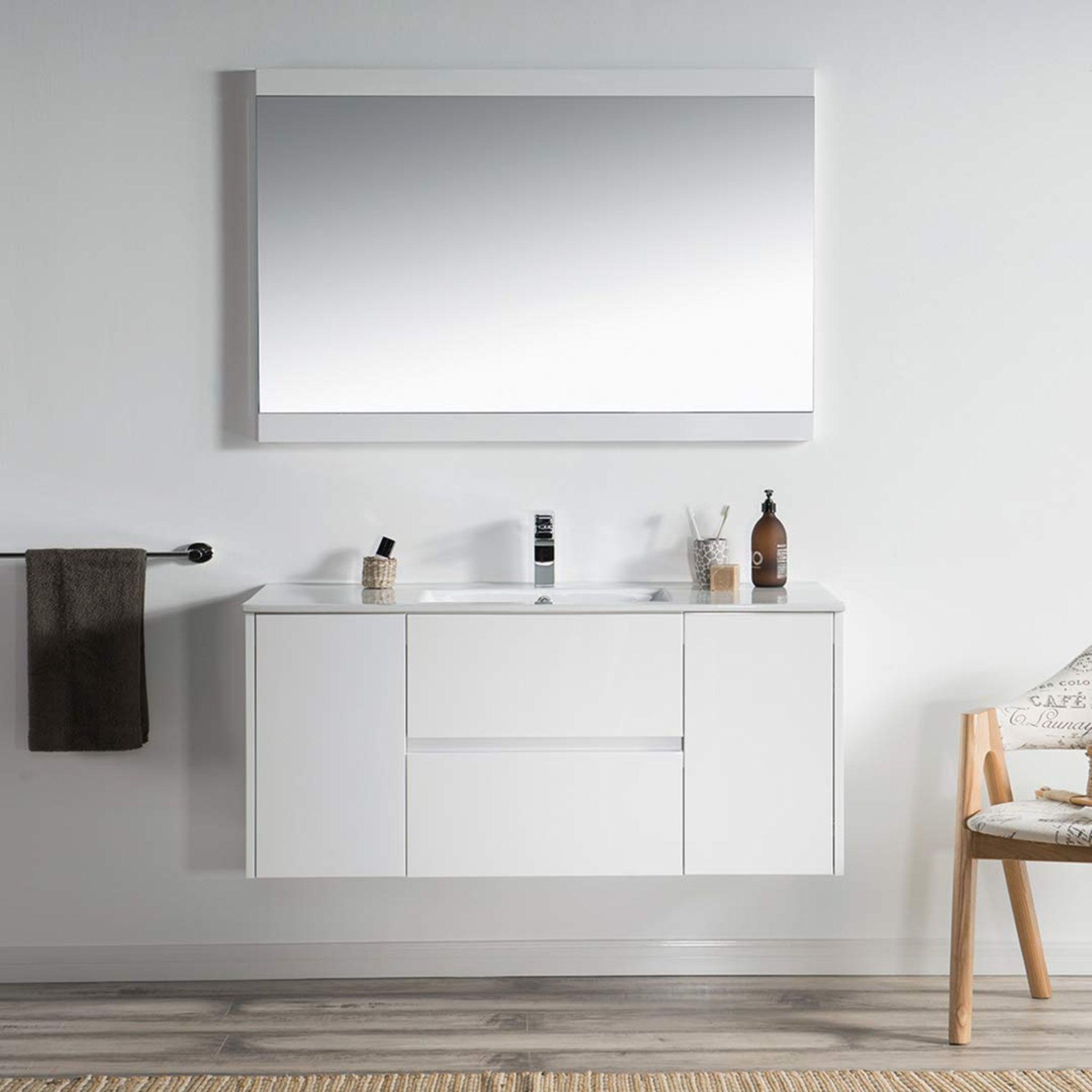 Blossom, Blossom Valencia 48" 2-Door 2-Drawer White Wall-Mounted Vanity Set With Ceramic Top, Integrated Single Sink and Mirror