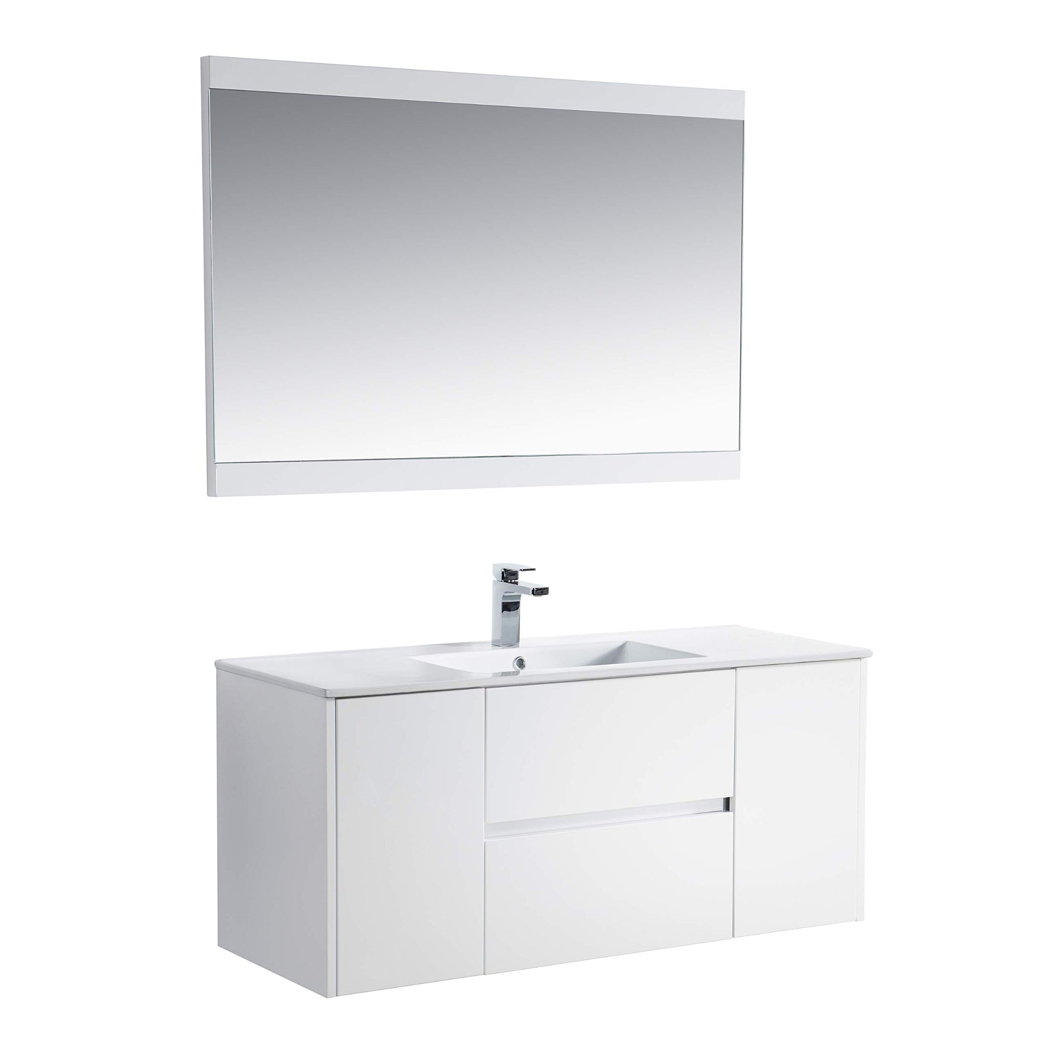 Blossom, Blossom Valencia 48" 2-Door 2-Drawer White Wall-Mounted Vanity Set With Ceramic Top, Integrated Single Sink and Mirror