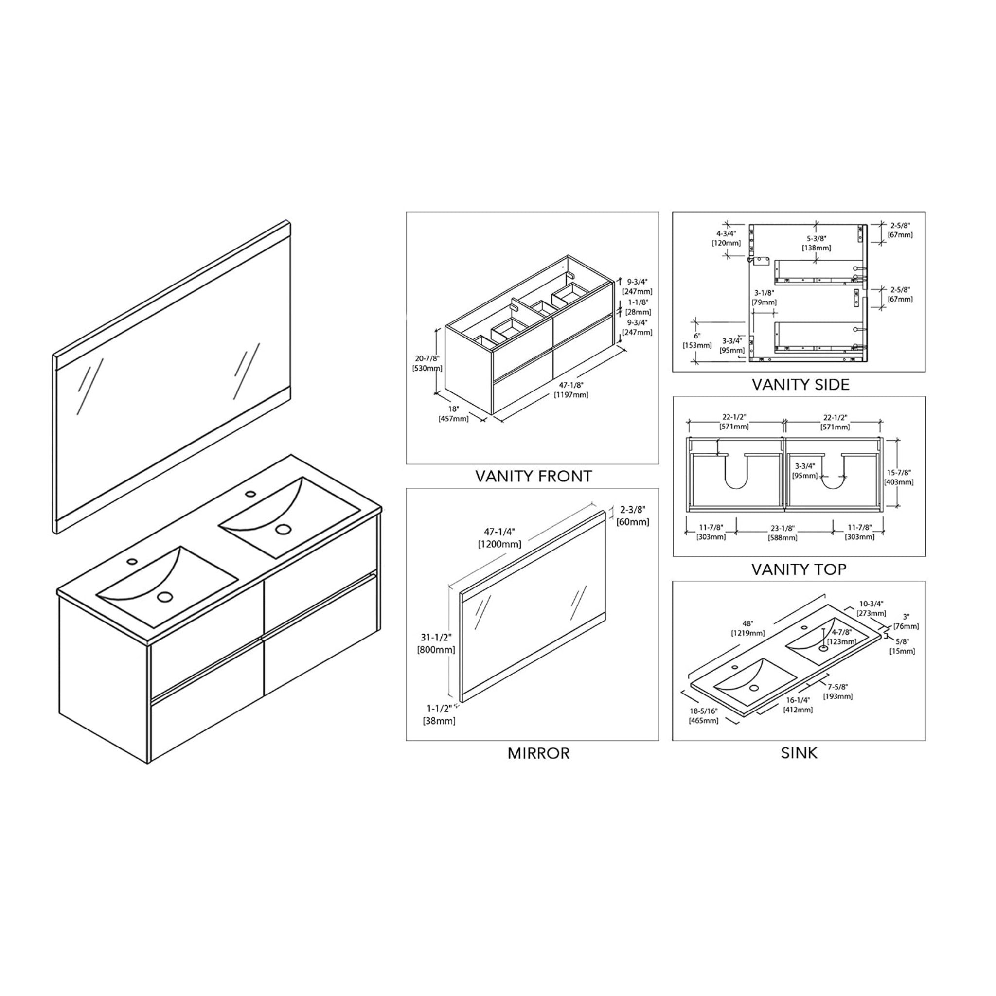 Blossom, Blossom Valencia 48" 2-Drawer Silver Gray Wall-Mounted Vanity Set With Ceramic Top, Integrated Single Sink and Mirror