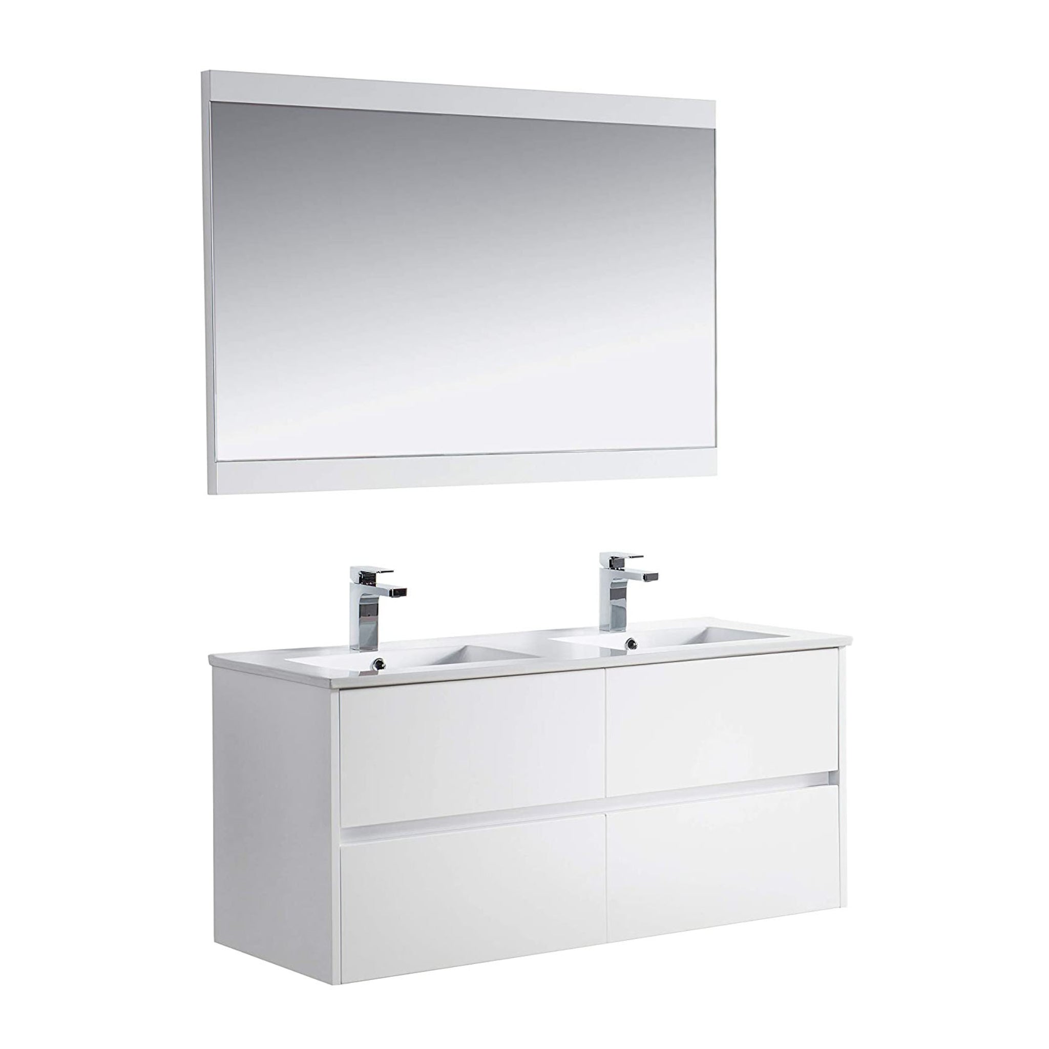 Blossom, Blossom Valencia 48" 2-Drawer White Wall-Mounted Vanity Set With Ceramic Top, Integrated Single Sink and Mirror