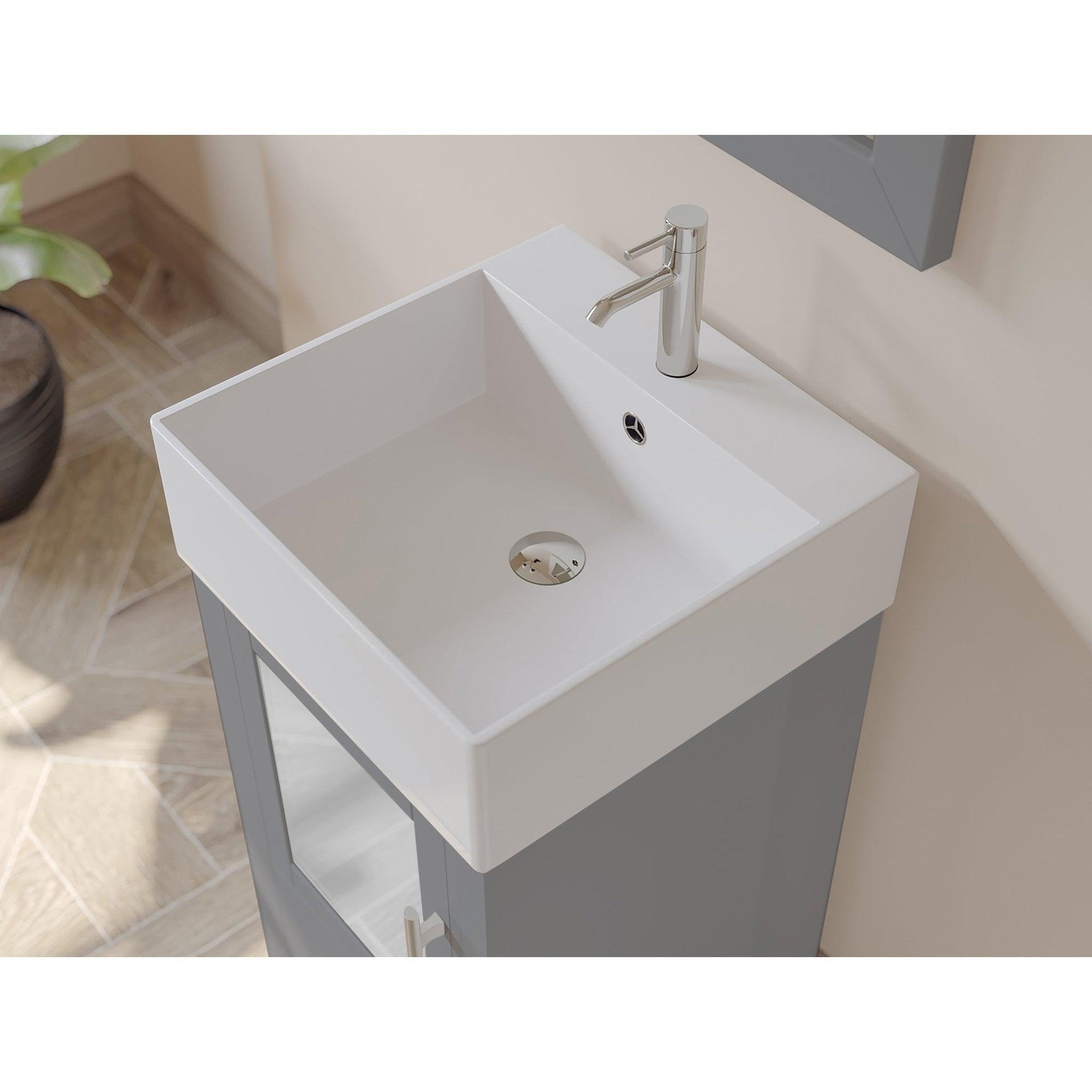 Cambridge Plumbing, Cambridge Plumbing 18" Gray Wood Single Vanity Set With Porcelain Countertop And Square Vessel Sink With Faucet Hole And Brushed Nickel Plumbing Finish