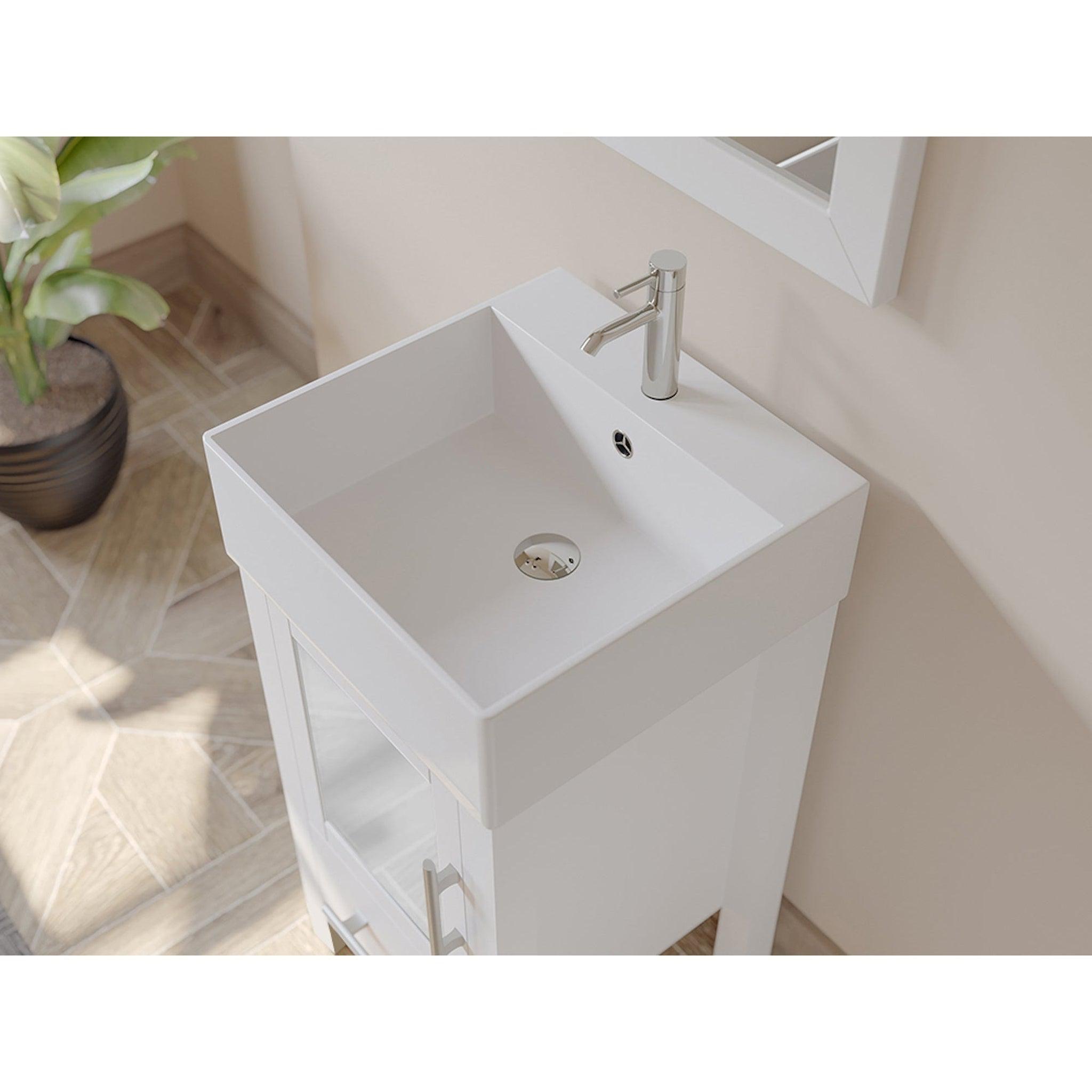 Cambridge Plumbing, Cambridge Plumbing 18" White Single Wood Vanity Set With Porcelain Countertop And Square Vessel Sink With Faucet Hole And Brushed Nickel Plumbing Finish