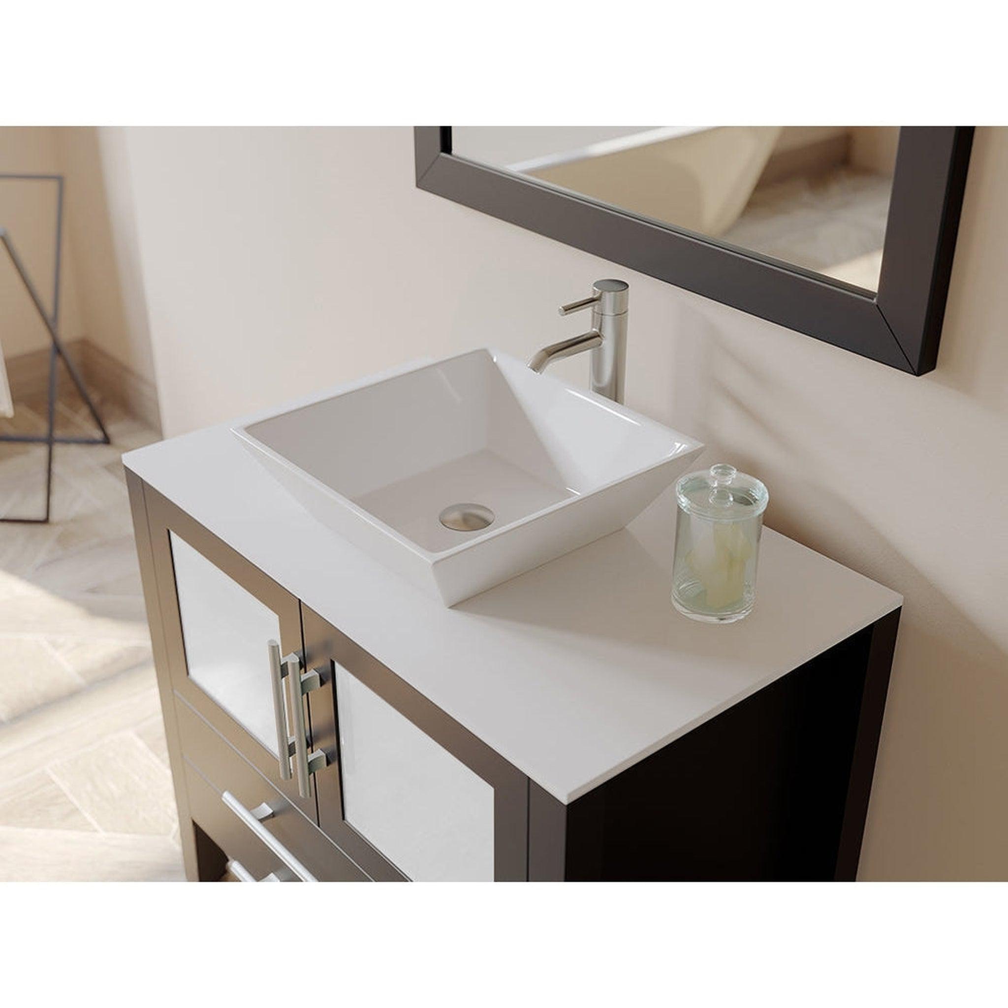 Cambridge Plumbing, Cambridge Plumbing 36" Black Espresso Wood Single Vanity Set With Porcelain Countertop And Square Vessel Sink With Brushed Nickel Plumbing Finish