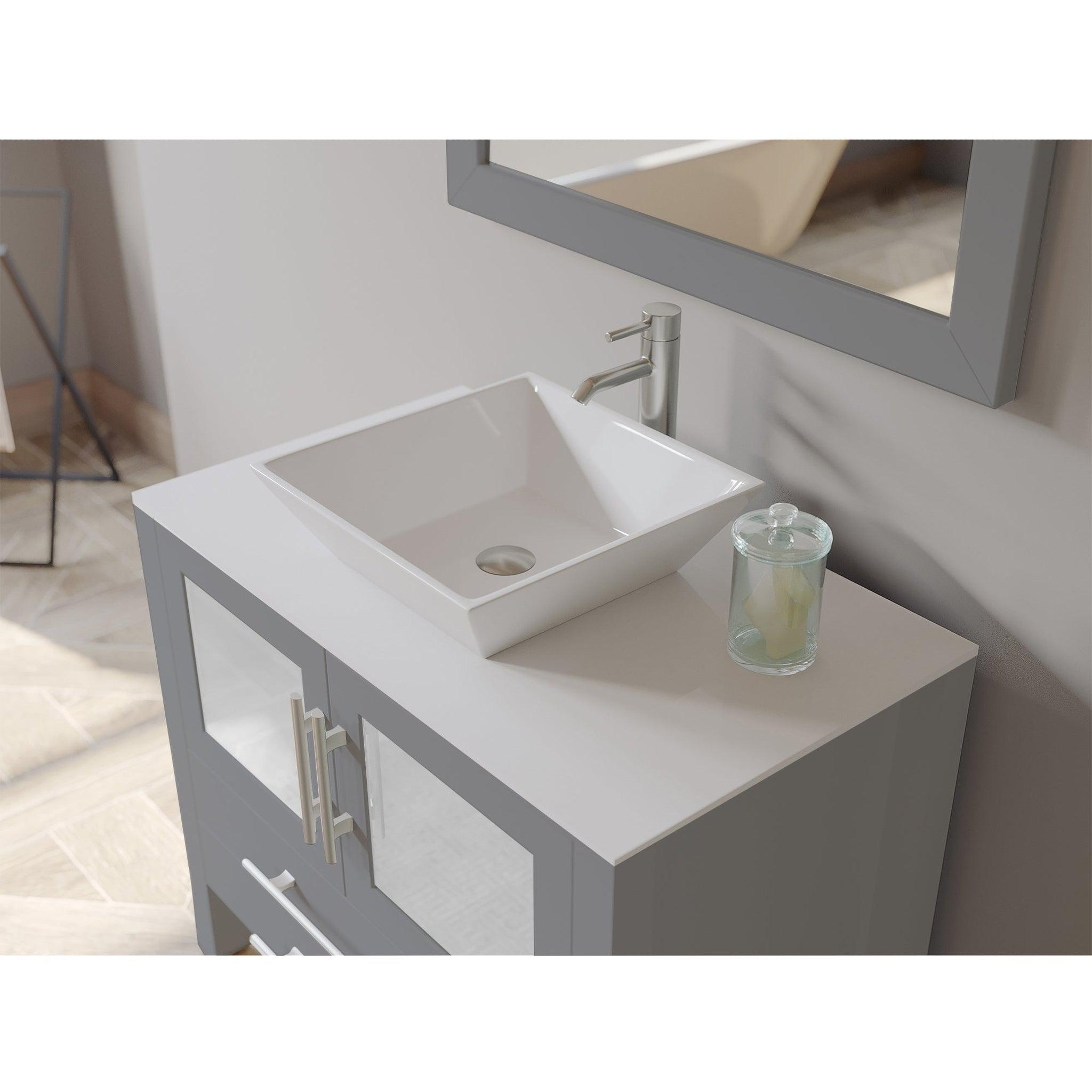 Cambridge Plumbing, Cambridge Plumbing 36" Gray Wood Single Vanity Set With Porcelain Countertop And Square Vessel Sink With Brushed Nickel Plumbing Finish