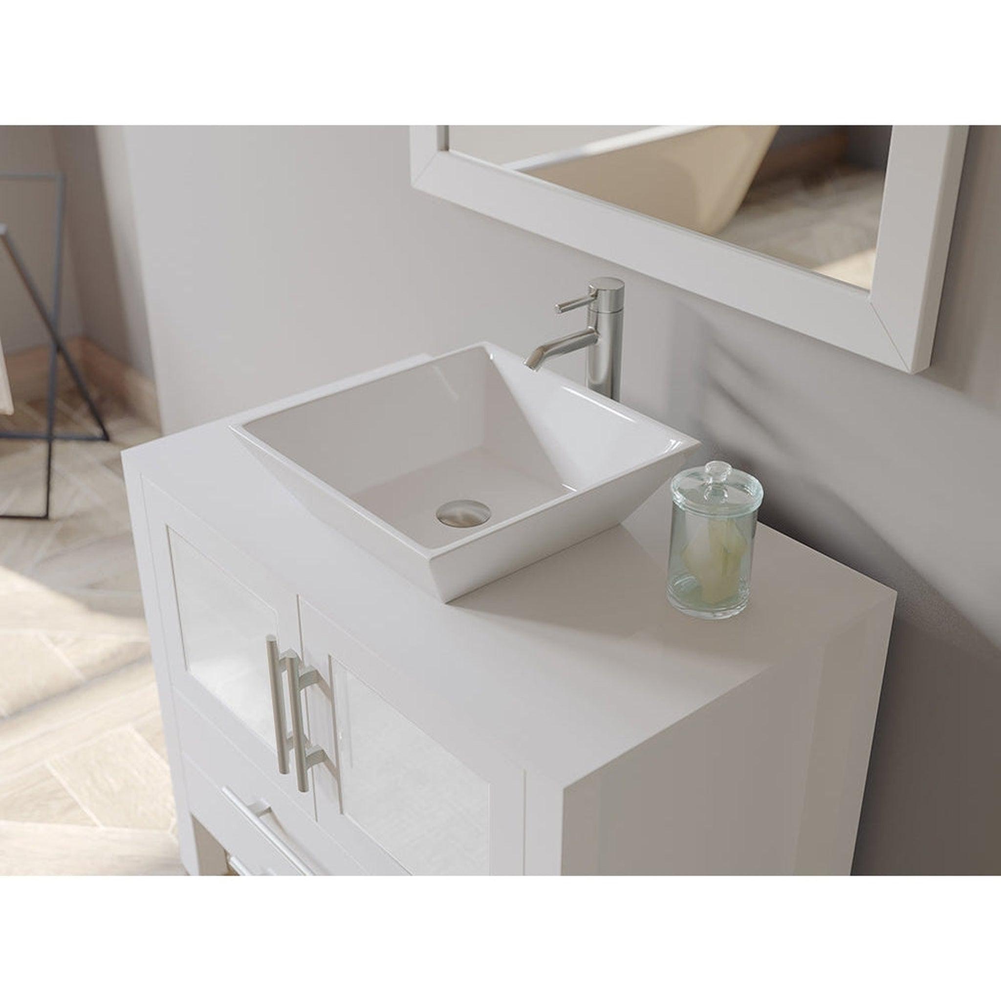 Cambridge Plumbing, Cambridge Plumbing 36" White Wood Single Vanity Set With Porcelain Countertop And Square Vessel Sink With Brushed Nickel Plumbing Finish