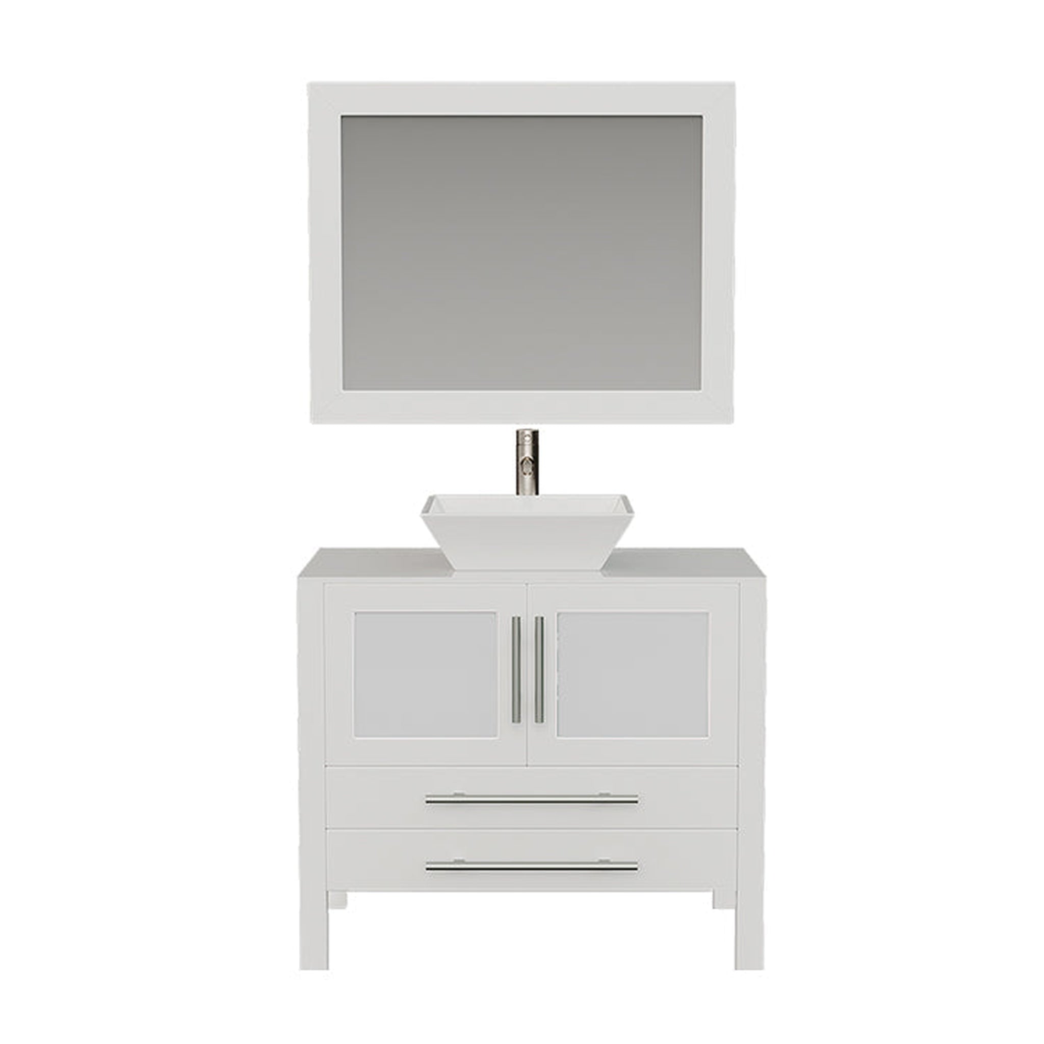 Cambridge Plumbing, Cambridge Plumbing 36" White Wood Single Vanity Set With Porcelain Countertop And Square Vessel Sink With Brushed Nickel Plumbing Finish