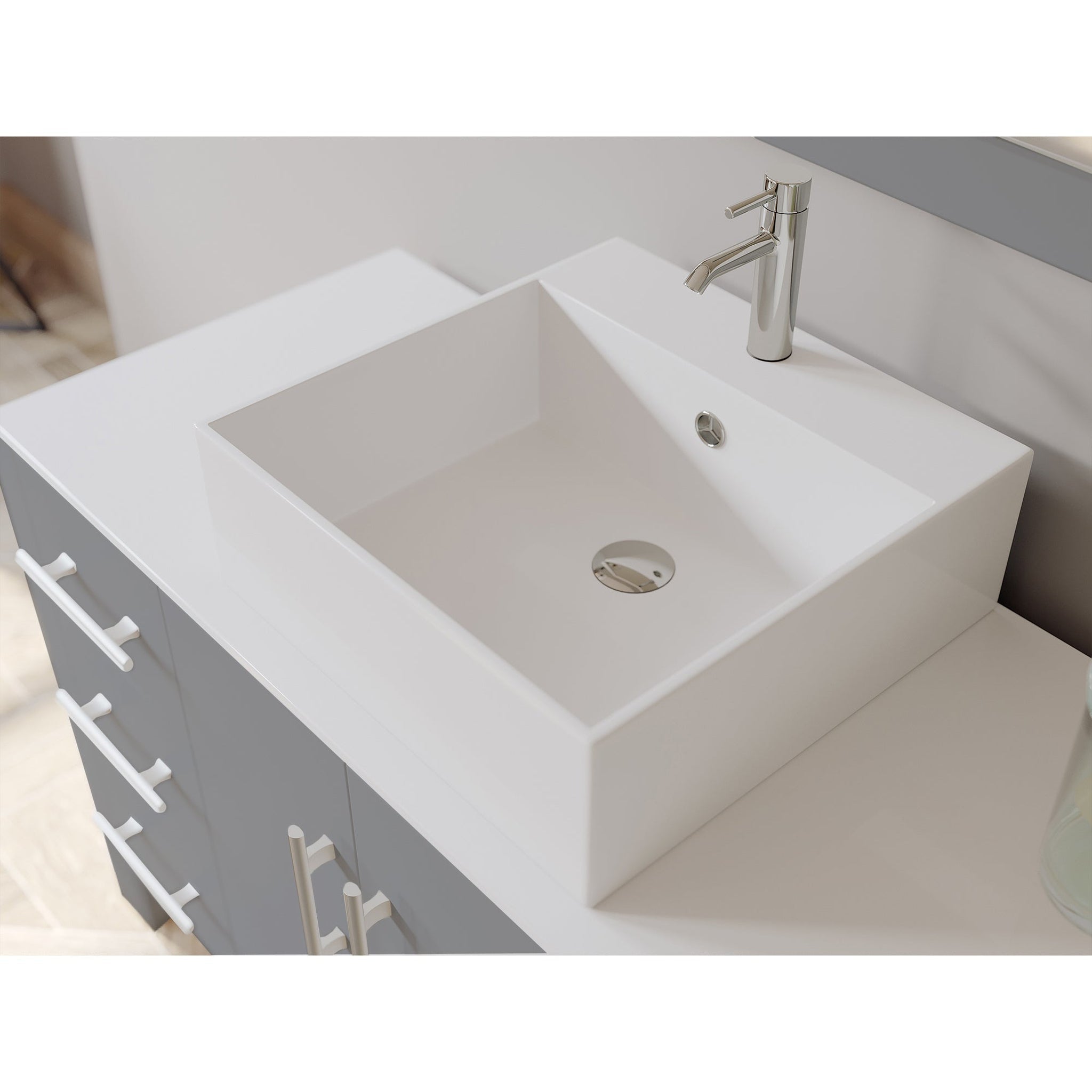 Cambridge Plumbing, Cambridge Plumbing 48" Gray Wood Single Vanity Set With Porcelain Countertop And Square Vessel Sink With Faucet Hole And Brushed Nickel Plumbing Finish