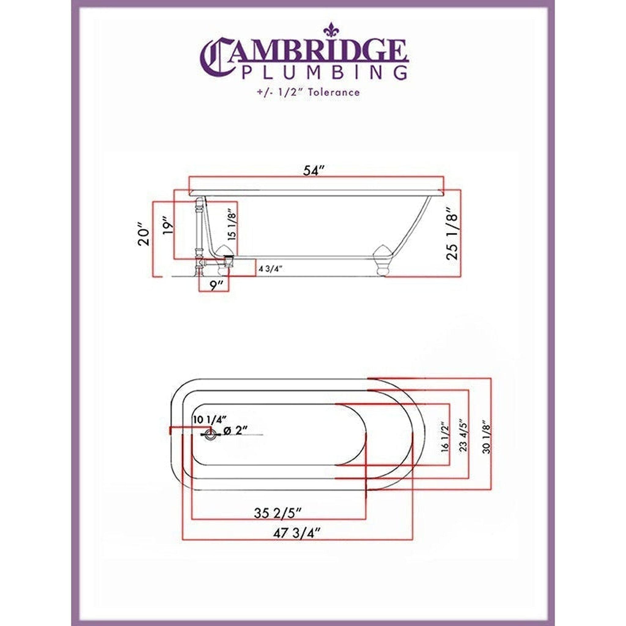 Cambridge Plumbing, Cambridge Plumbing 54" Cast Iron Rolled Rim Hand Painted Copper Bronze Clawfoot Bathtub With No Faucet Holes With Oil Rubbed Bronze Feet