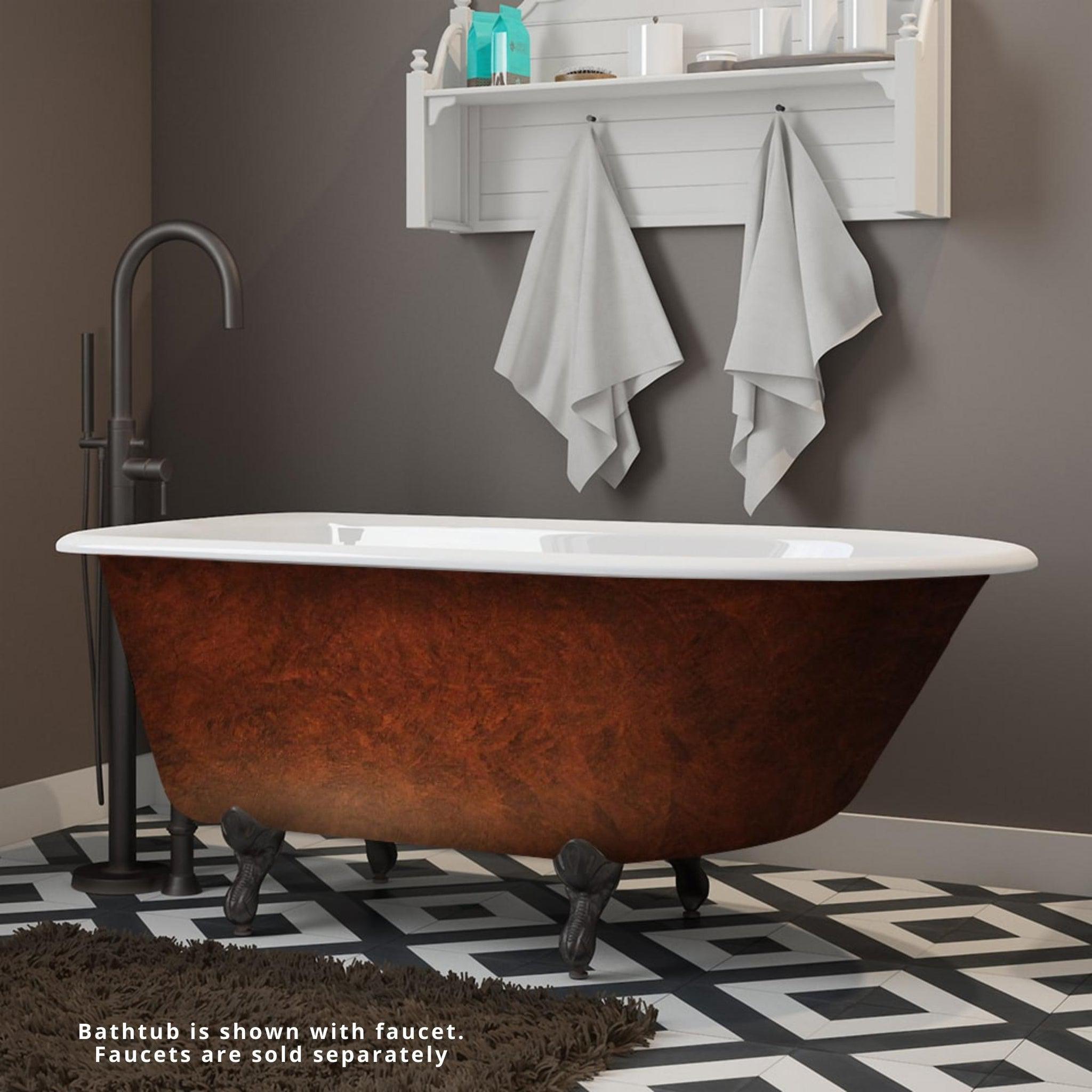 Cambridge Plumbing, Cambridge Plumbing 54" Cast Iron Rolled Rim Hand Painted Copper Bronze Clawfoot Bathtub With No Faucet Holes With Oil Rubbed Bronze Feet