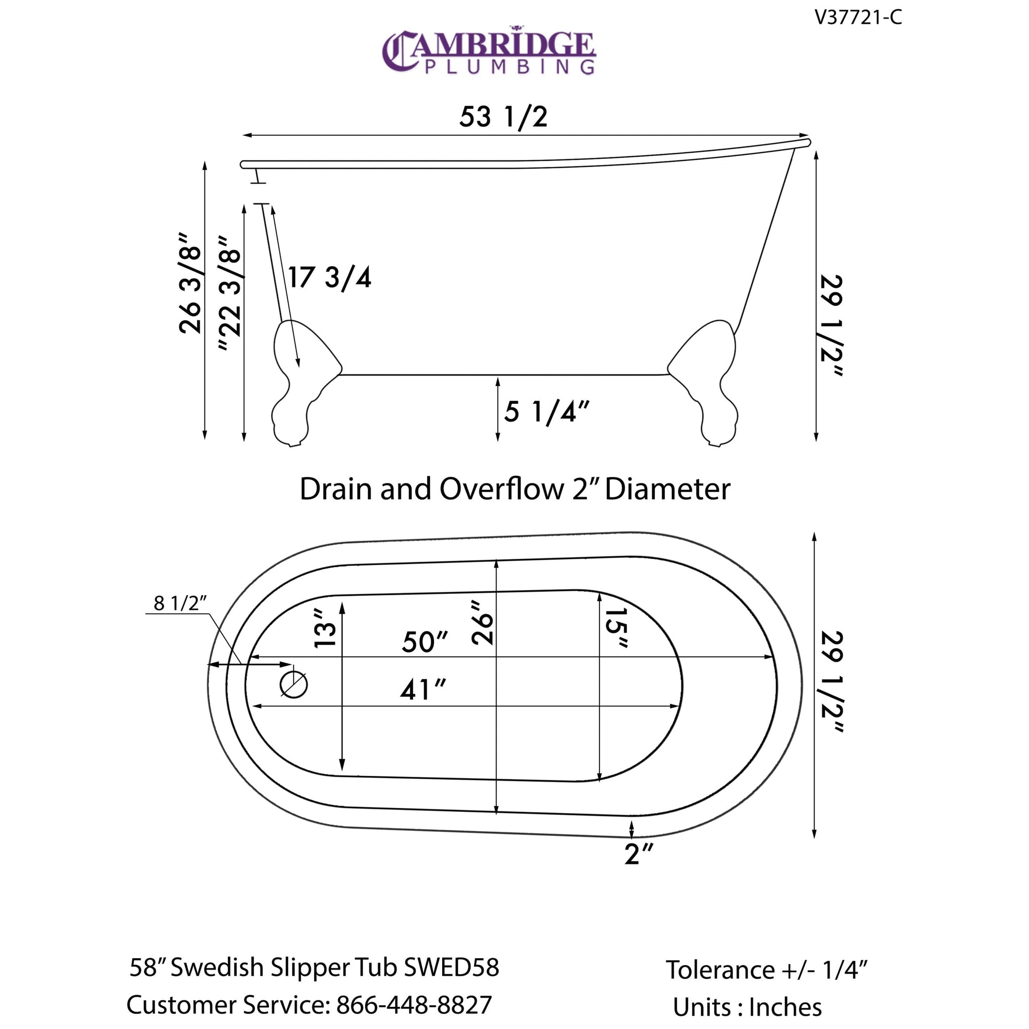 Cambridge Plumbing, Cambridge Plumbing 54" Hand Painted Scorched Platinum Cast Iron Swedish Single Slipper Clawfoot Bathtub With No Faucet Holes With Brushed Nickel Feet