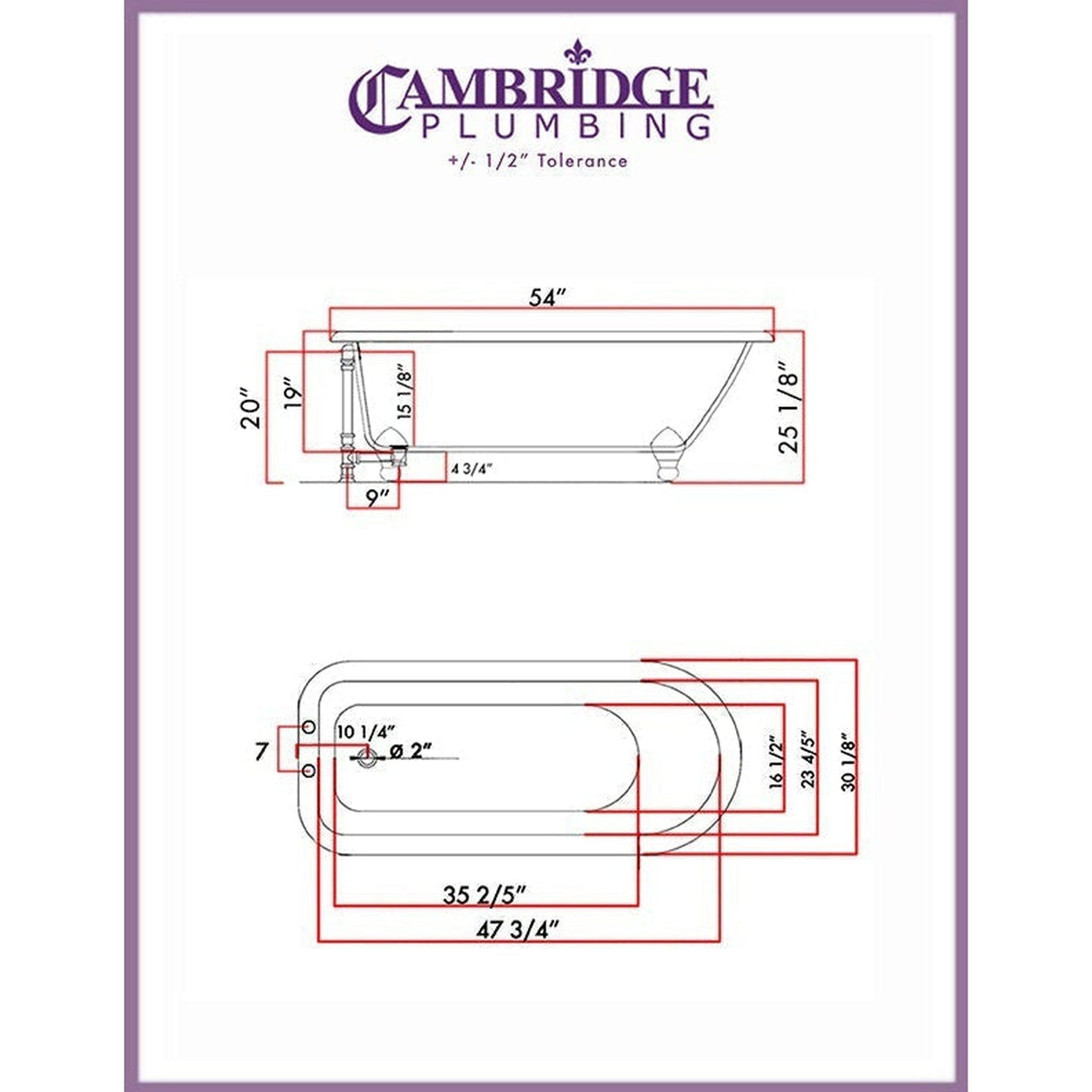 Cambridge Plumbing, Cambridge Plumbing 54" White Cast Iron Rolled Rim Clawfoot Bathtub With Deck Holes With Brushed Nickel Clawfeet