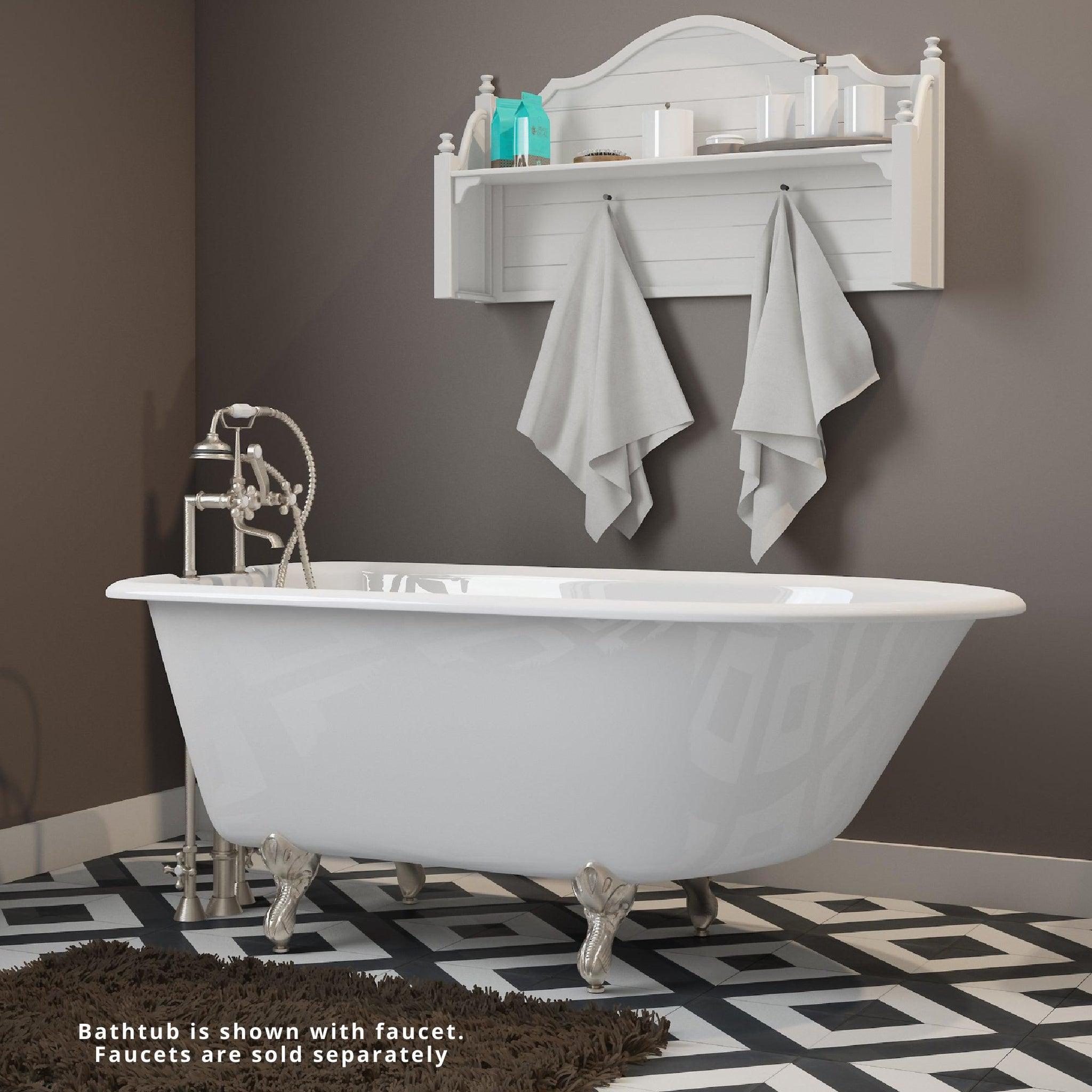 Cambridge Plumbing, Cambridge Plumbing 54" White Cast Iron Rolled Rim Clawfoot Bathtub With Deck Holes With Brushed Nickel Clawfeet