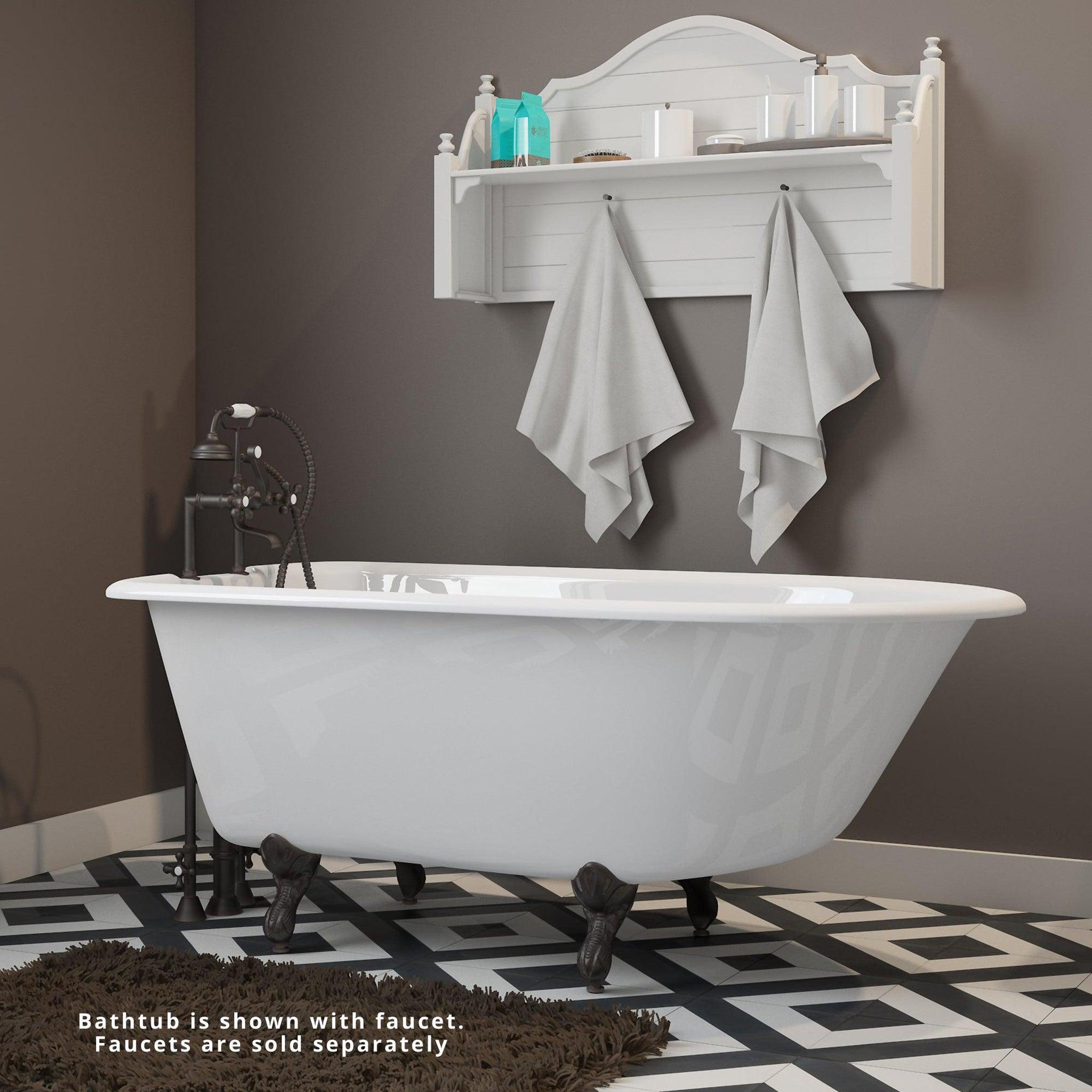 Cambridge Plumbing, Cambridge Plumbing 54" White Cast Iron Rolled Rim Clawfoot Bathtub With Deck Holes With Oil Rubbed Bronze Feet