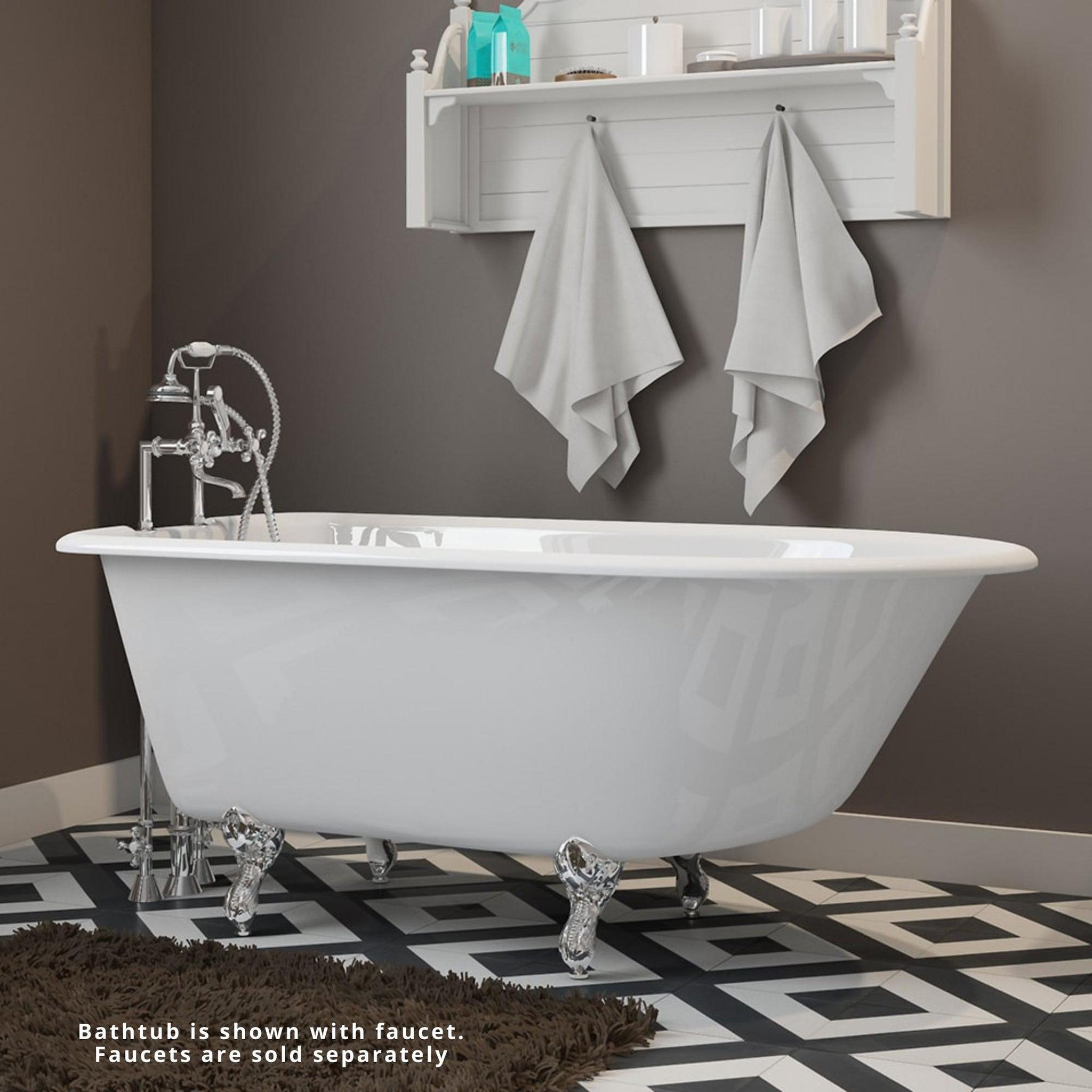 Cambridge Plumbing, Cambridge Plumbing 54" White Cast Iron Rolled Rim Clawfoot Bathtub With Deck Holes With Polished Chrome Feet