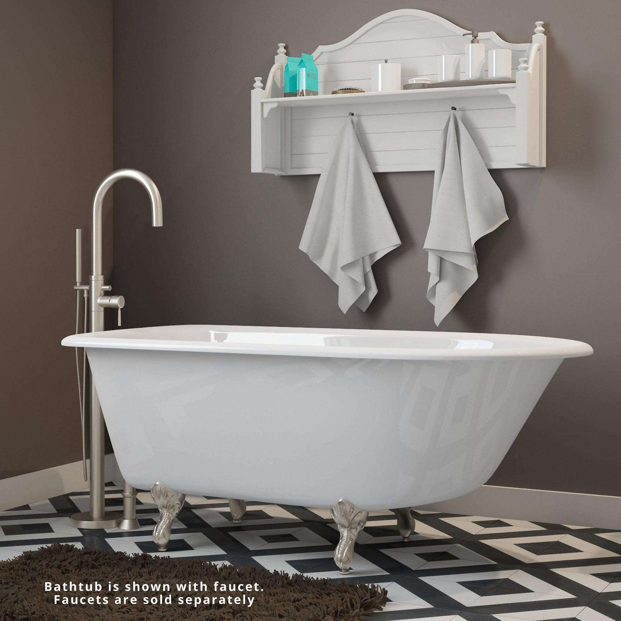 Cambridge Plumbing, Cambridge Plumbing 54" White Cast Iron Rolled Rim Clawfoot Bathtub With No Faucet Holes With Brushed Nickel Feet