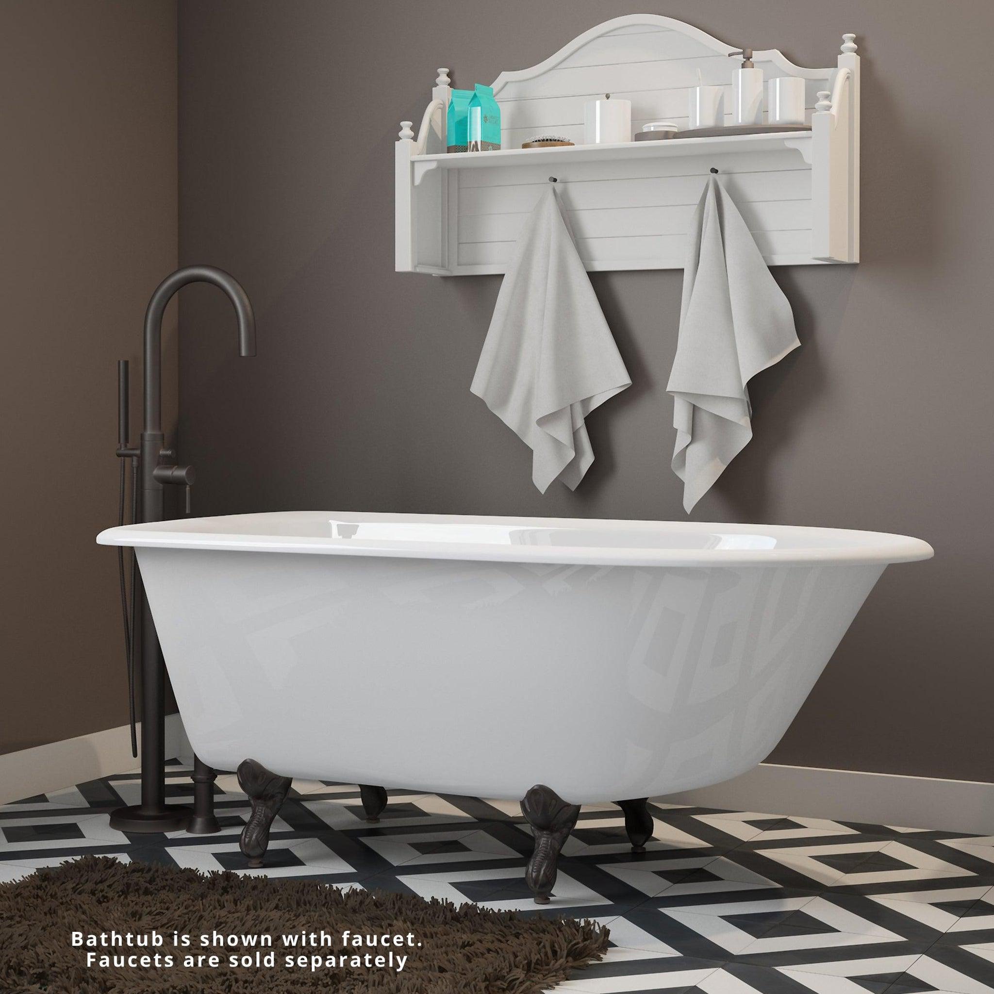 Cambridge Plumbing, Cambridge Plumbing 54" White Cast Iron Rolled Rim Clawfoot Bathtub With No Faucet Holes With Oil Rubbed Bronze Feet