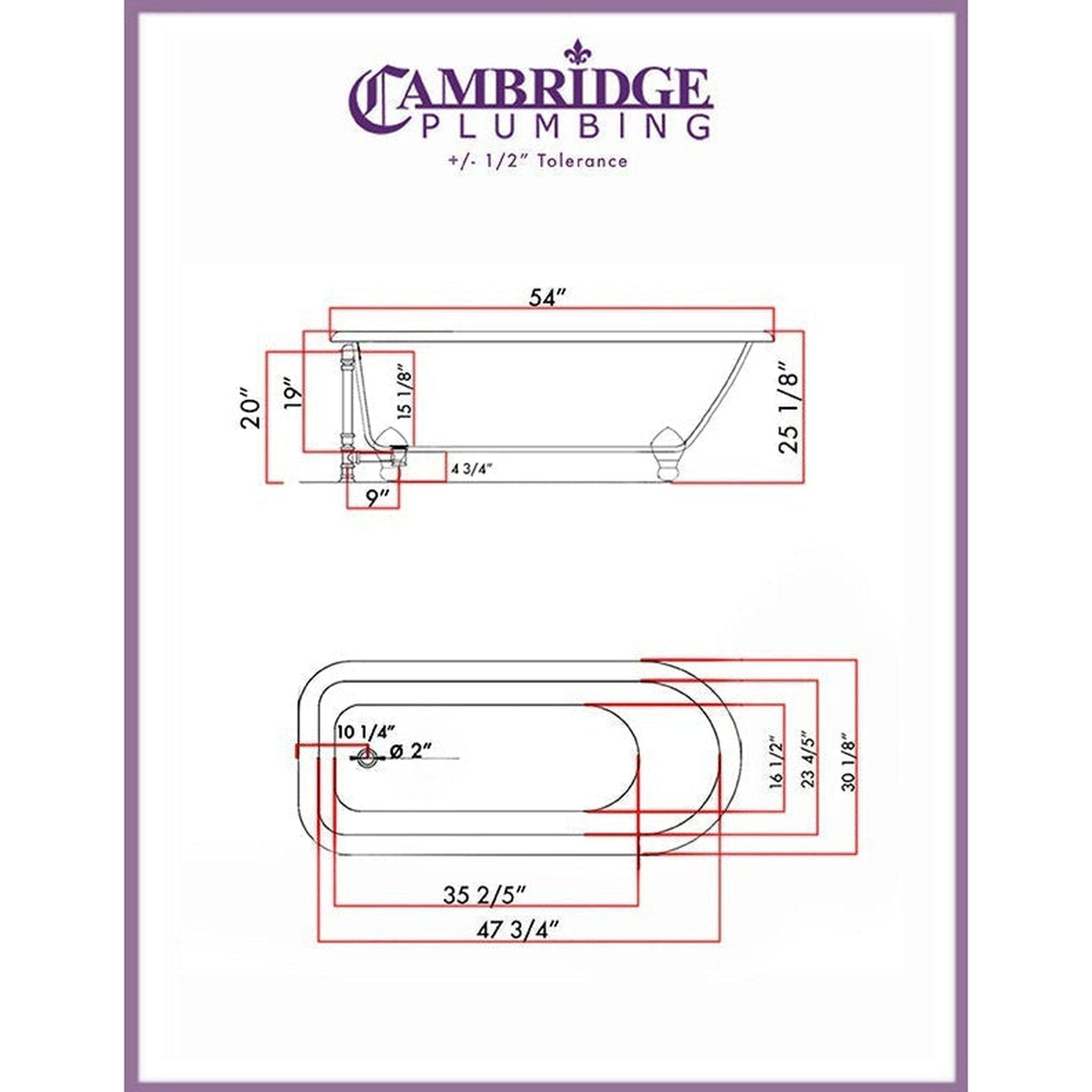 Cambridge Plumbing, Cambridge Plumbing 54" White Cast Iron Rolled Rim Clawfoot Bathtub With No Faucet Holes With Polished Chrome Feet