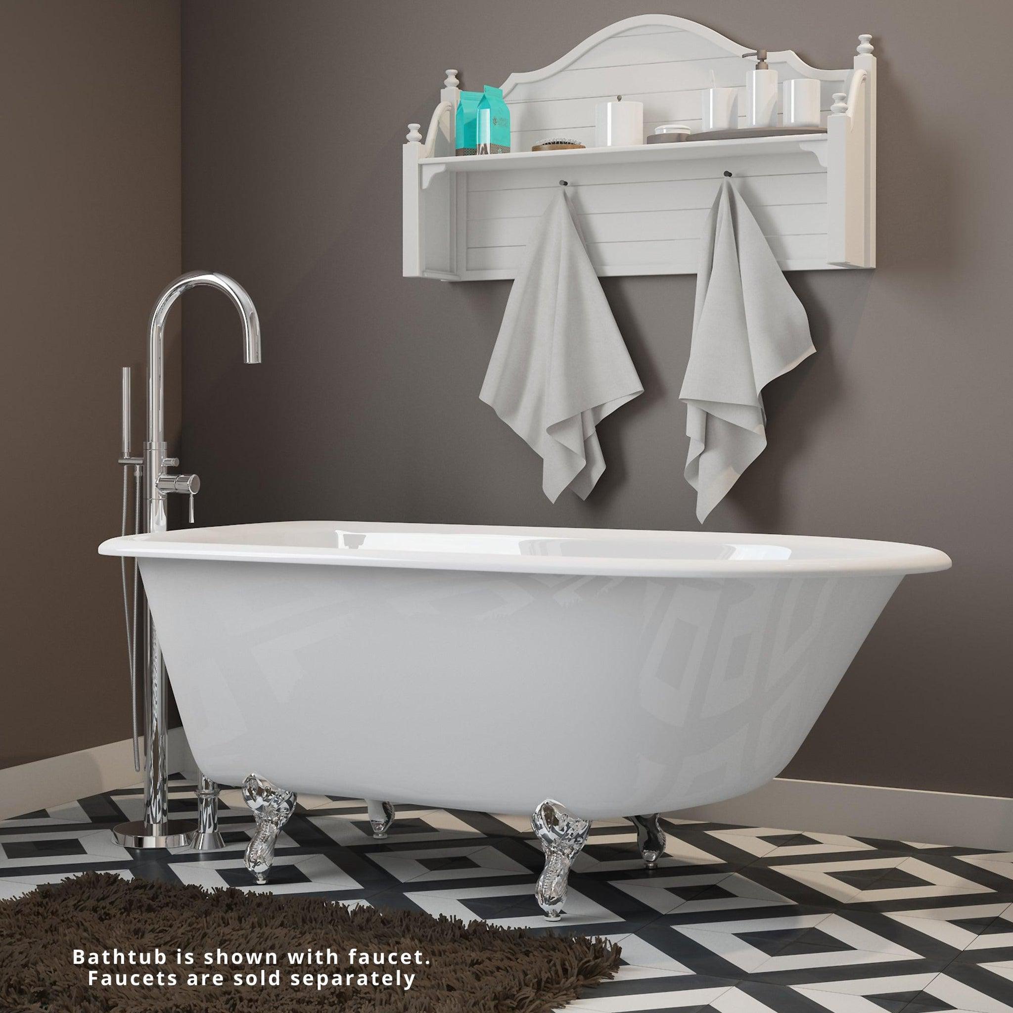 Cambridge Plumbing, Cambridge Plumbing 54" White Cast Iron Rolled Rim Clawfoot Bathtub With No Faucet Holes With Polished Chrome Feet