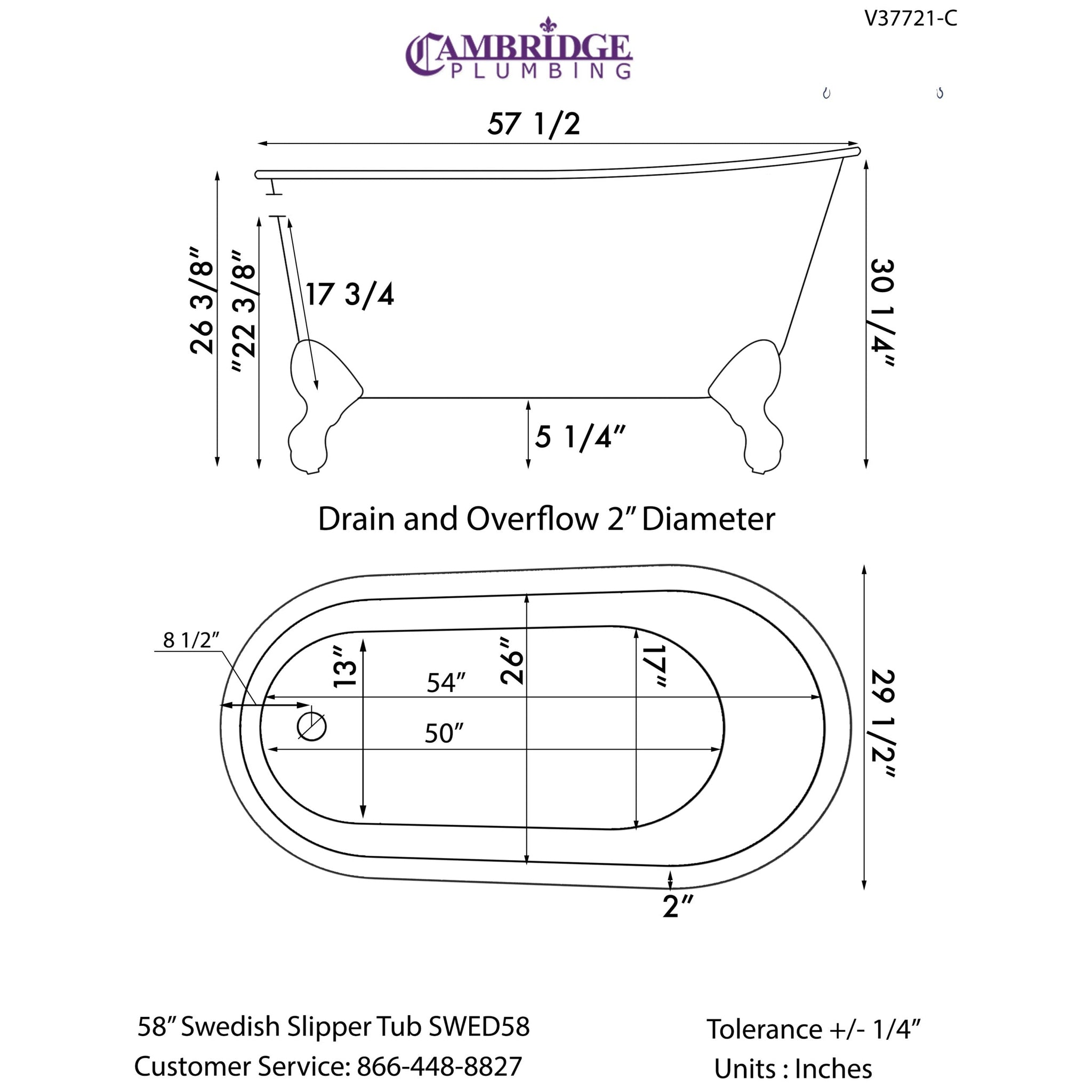 Cambridge Plumbing, Cambridge Plumbing 58" Hand Painted Scorched Platinum Cast Iron Swedish Single Slipper Clawfoot Bathtub With No Faucet Holes With Brushed Nickel Feet