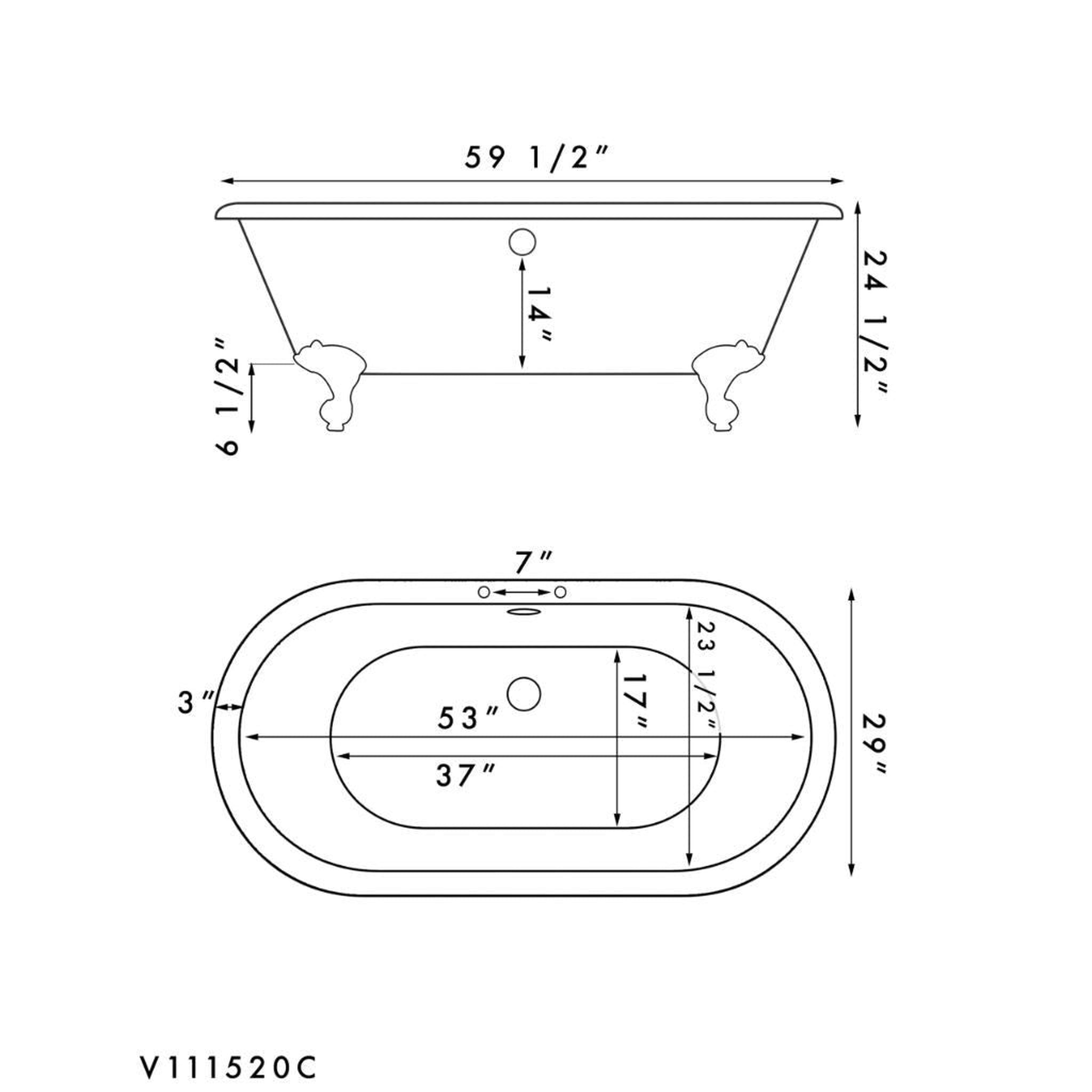 Cambridge Plumbing, Cambridge Plumbing 60" White Acrylic Double Ended Brushed Nickel Clawfoot Tub With Deck Holes