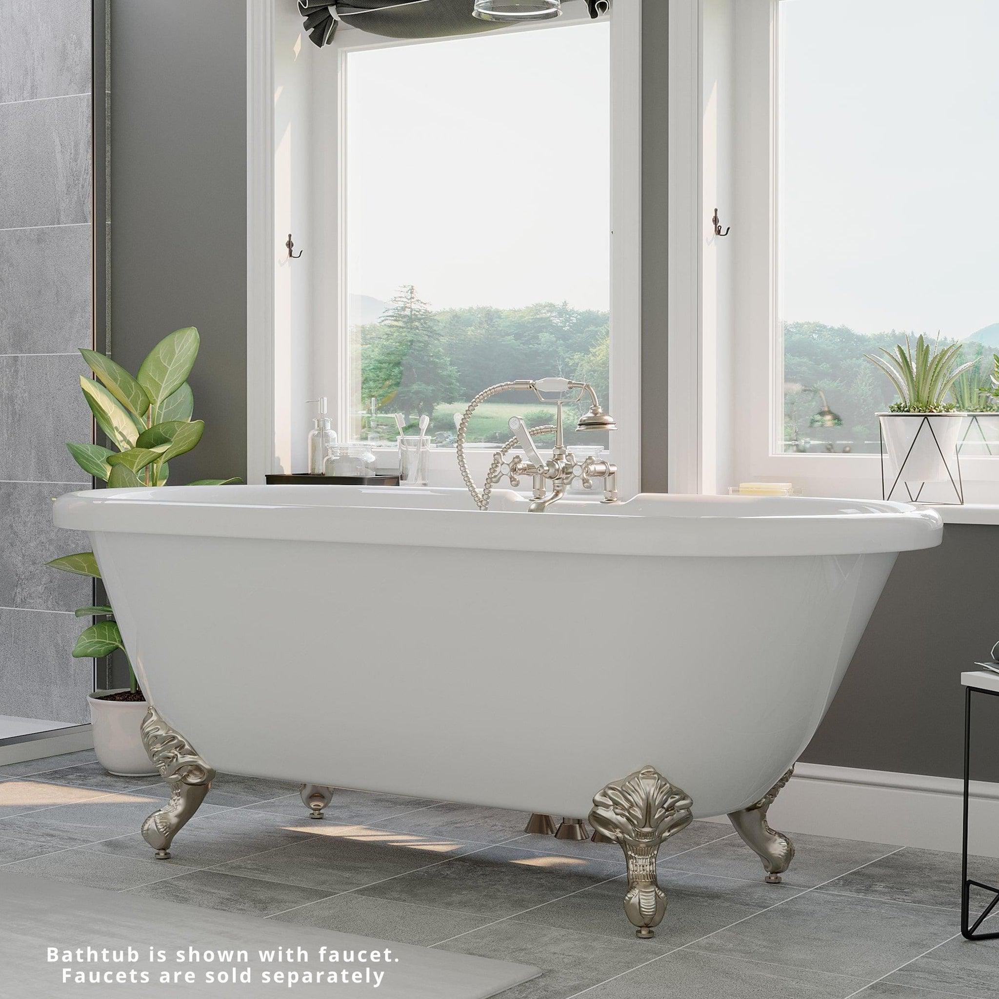 Cambridge Plumbing, Cambridge Plumbing 60" White Acrylic Double Ended Brushed Nickel Clawfoot Tub With Deck Holes