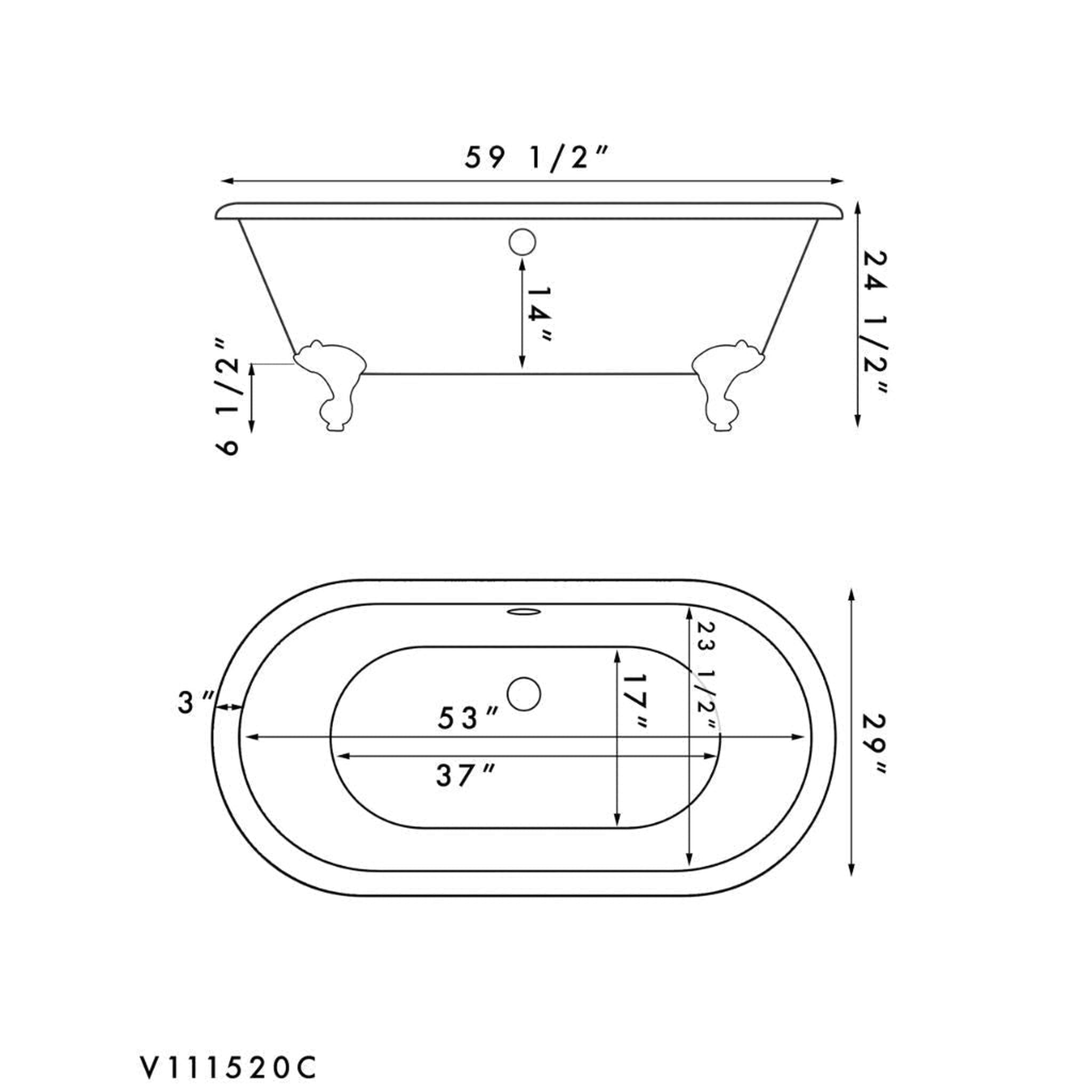 Cambridge Plumbing, Cambridge Plumbing 60" White Acrylic Double Ended Clawfoot Bathtub With No Faucet Holes With Brushed Nickel Clawfeet