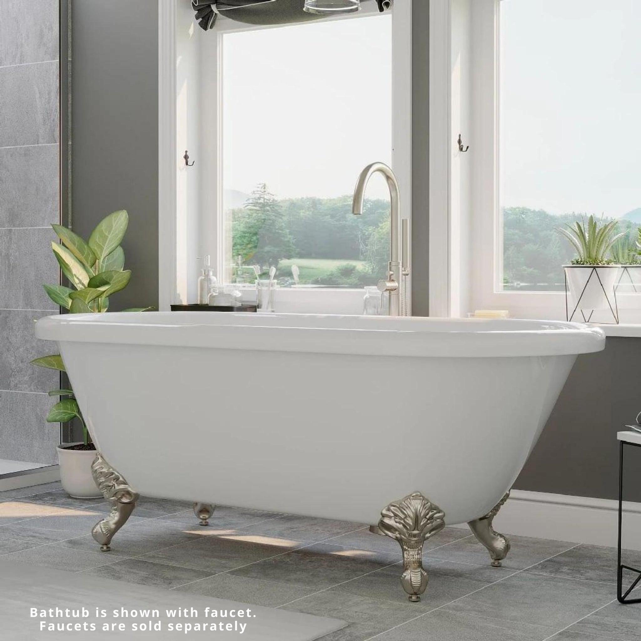 Cambridge Plumbing, Cambridge Plumbing 60" White Acrylic Double Ended Clawfoot Bathtub With No Faucet Holes With Brushed Nickel Clawfeet