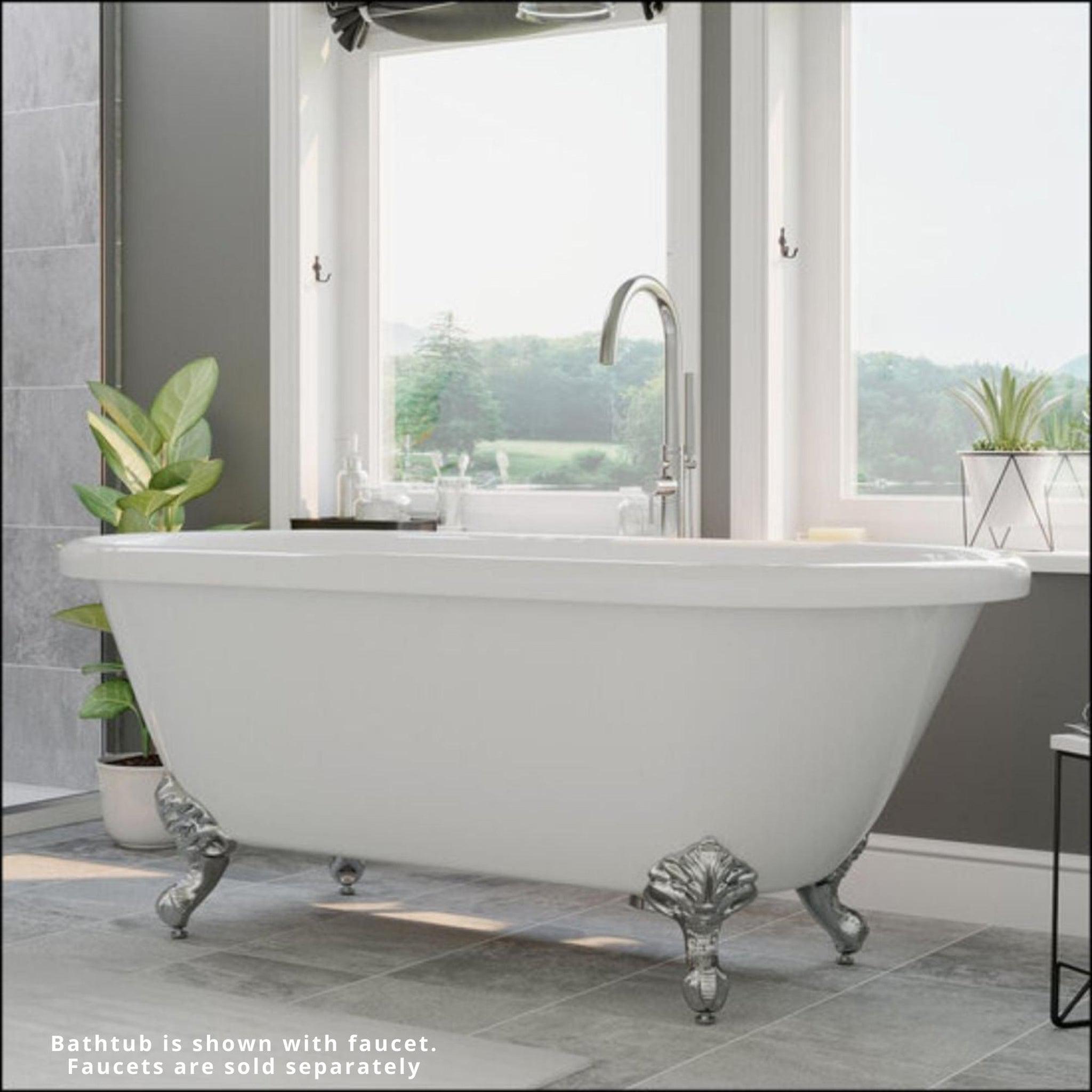 Cambridge Plumbing, Cambridge Plumbing 60" White Acrylic Double Ended Clawfoot Bathtub With No Faucet Holes With Polished Chrome Clawfeet