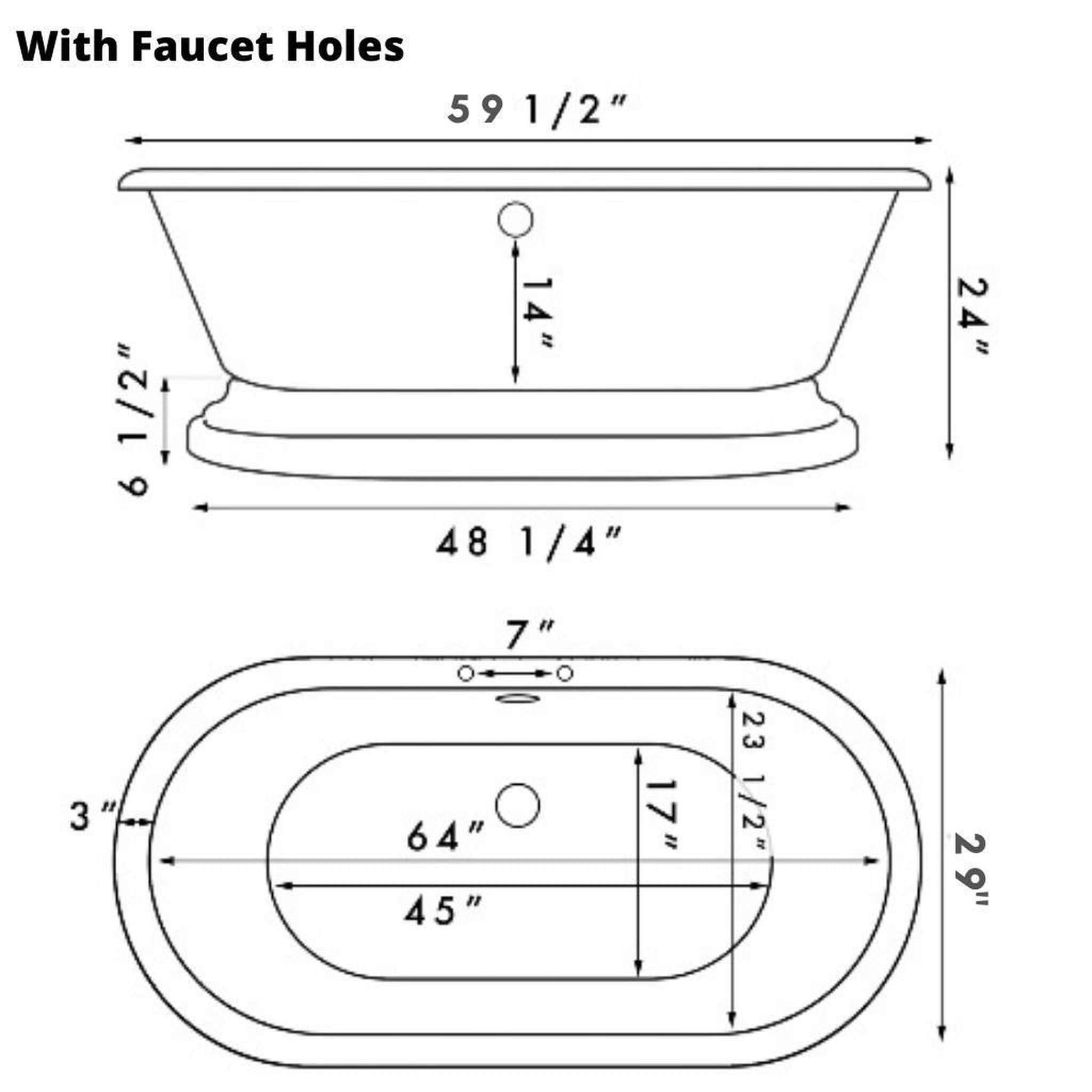 Cambridge Plumbing, Cambridge Plumbing 60" White Acrylic Double Ended Pedestal Bathtub With Faucet Holes