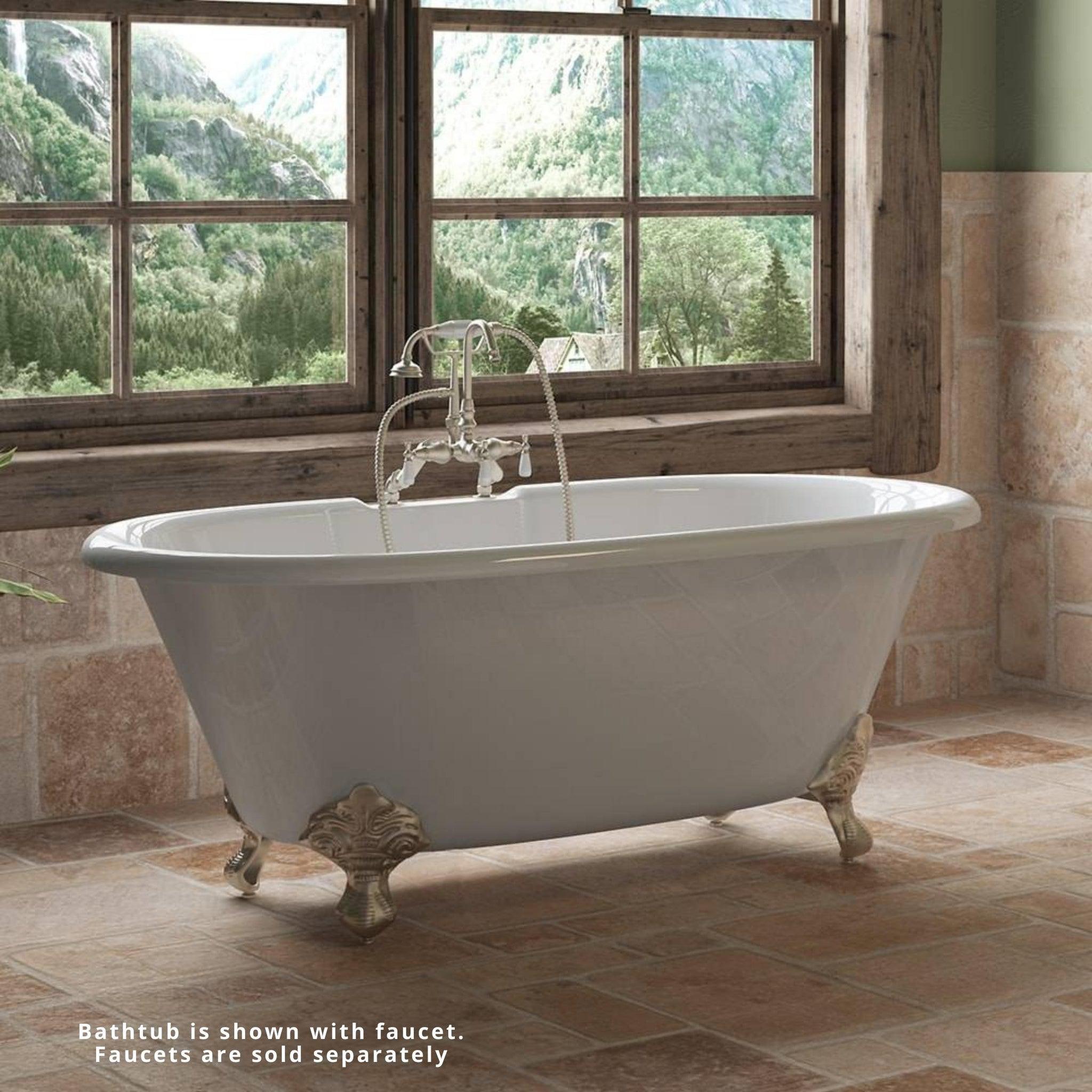 Cambridge Plumbing, Cambridge Plumbing 60" White Cast Iron Double Ended Bathtub With Deck Holes With Brushed Nickel Feet