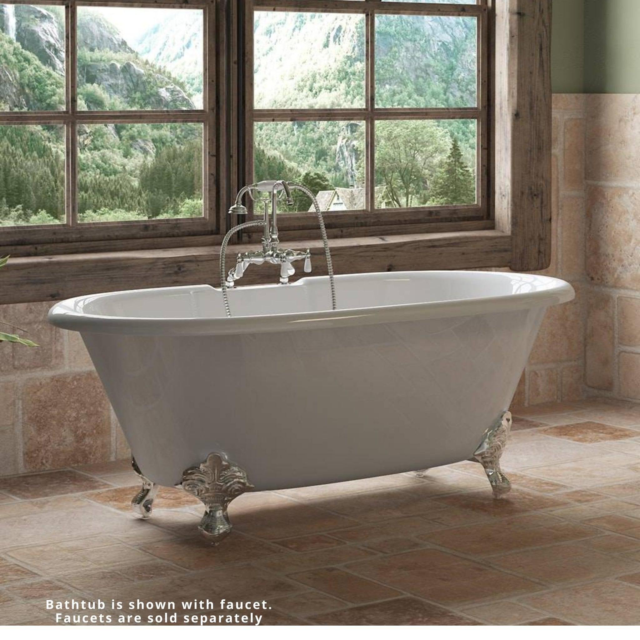 Cambridge Plumbing, Cambridge Plumbing 60" White Cast Iron Double Ended Bathtub With Deck Holes With Polished Chrome Feet