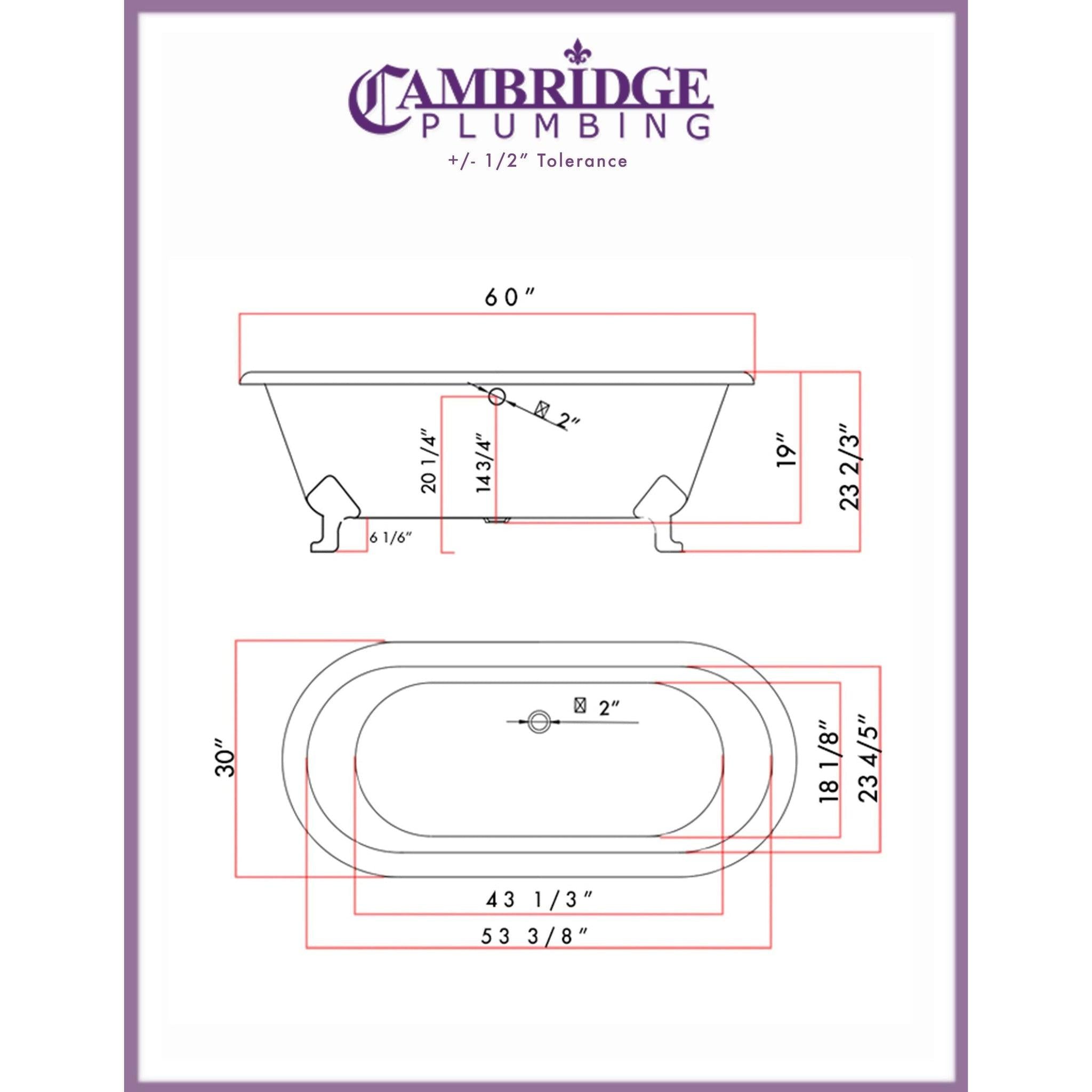 Cambridge Plumbing, Cambridge Plumbing 60" White Cast Iron Double Ended Bathtub With No Faucet Holes With Brushed Nickel Feet