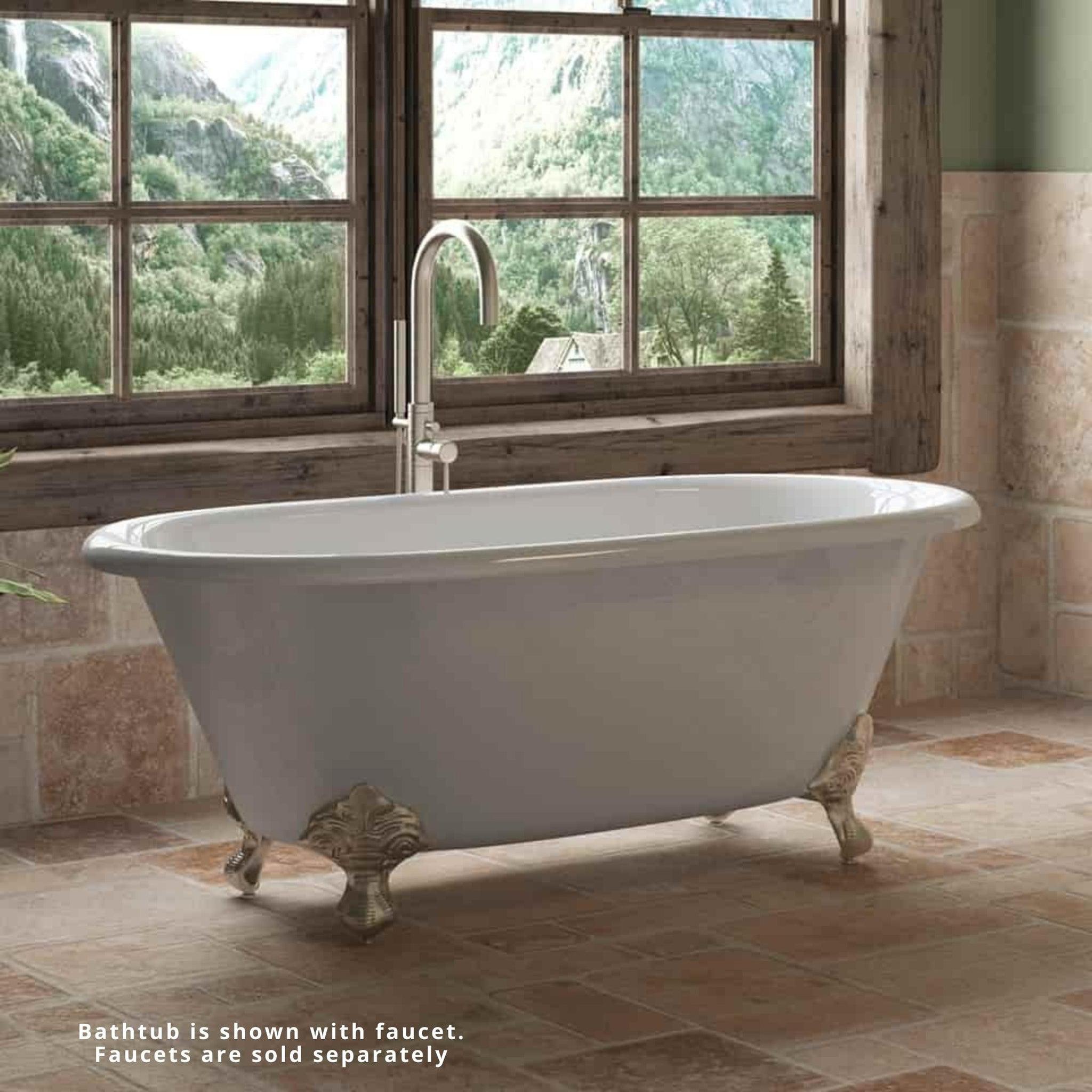 Cambridge Plumbing, Cambridge Plumbing 60" White Cast Iron Double Ended Bathtub With No Faucet Holes With Brushed Nickel Feet