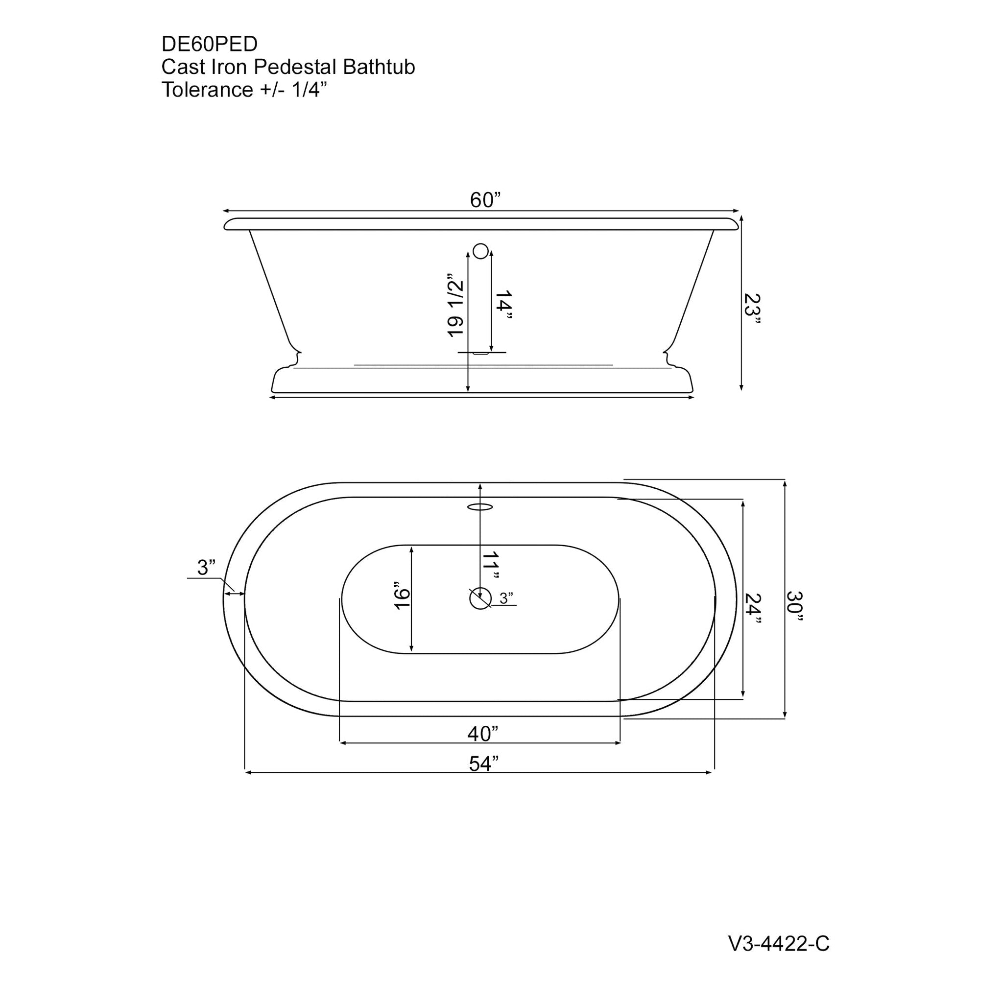 Cambridge Plumbing, Cambridge Plumbing 60" White Cast Iron Double Ended Pedestal Bathtub Having No Faucet Holes