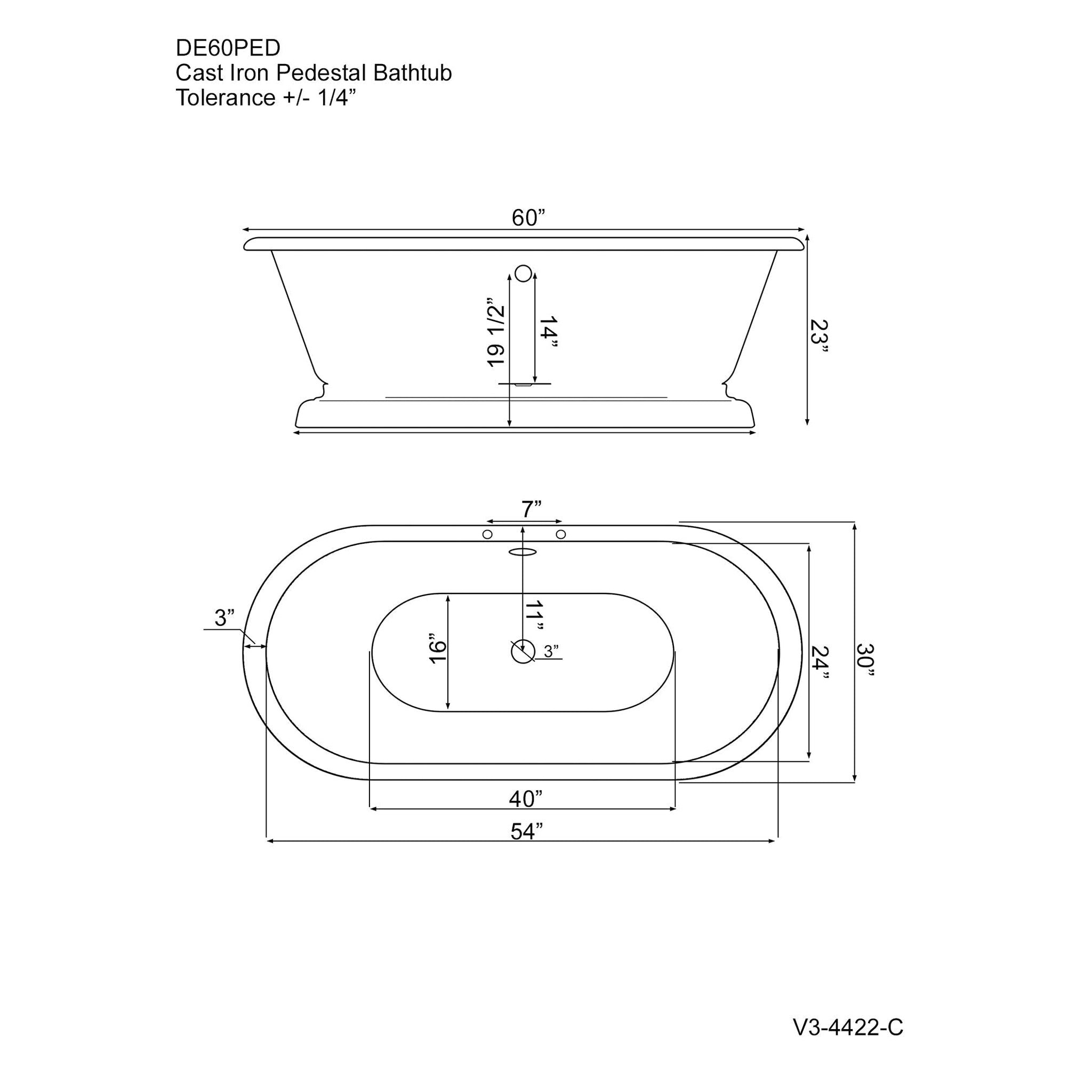 Cambridge Plumbing, Cambridge Plumbing 60" White Cast Iron Double Ended Pedestal Bathtub With Deck Holes