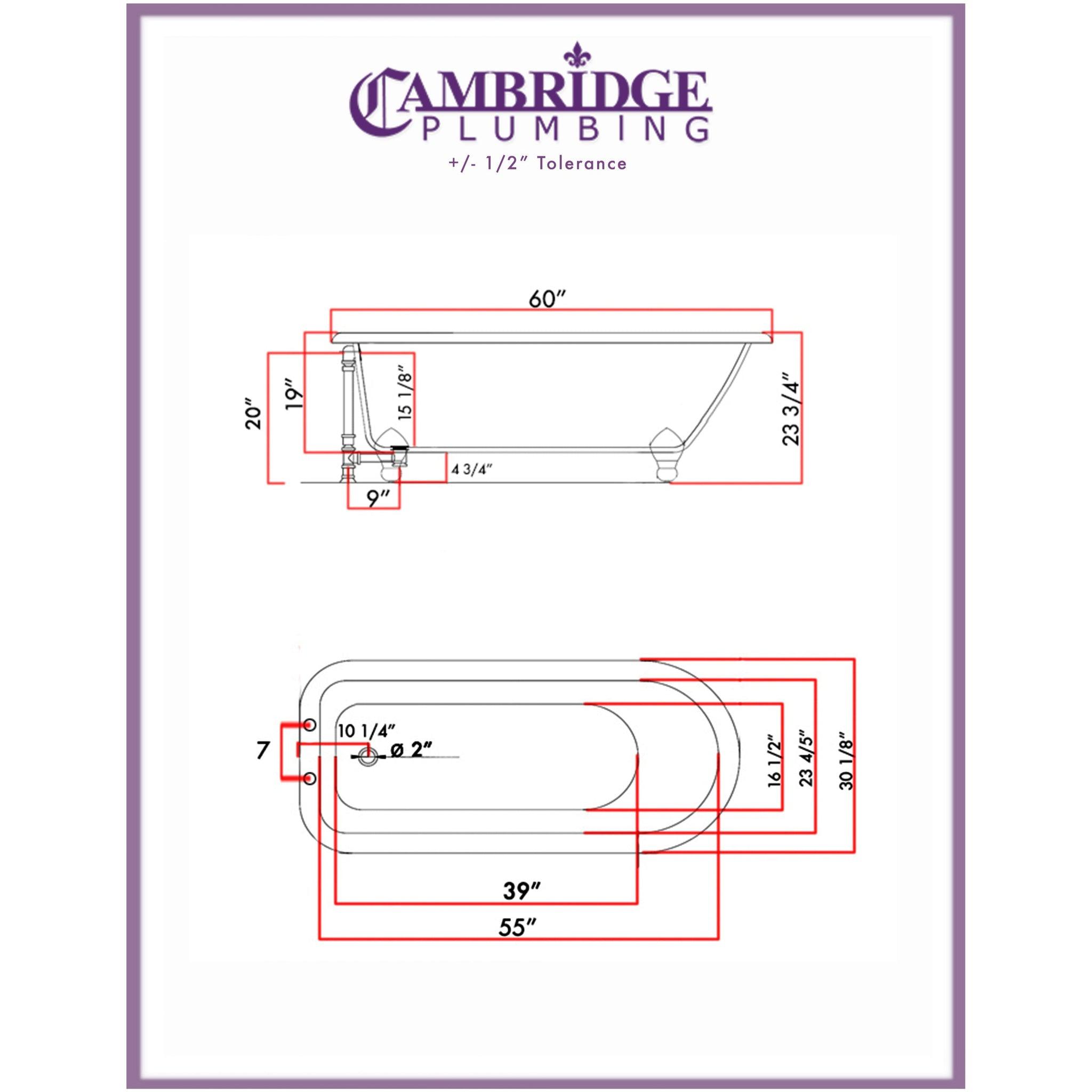 Cambridge Plumbing, Cambridge Plumbing 60" White Cast Iron Rolled Rim Clawfoot Bathtub With Deck Holes With Brushed Nickel Feet