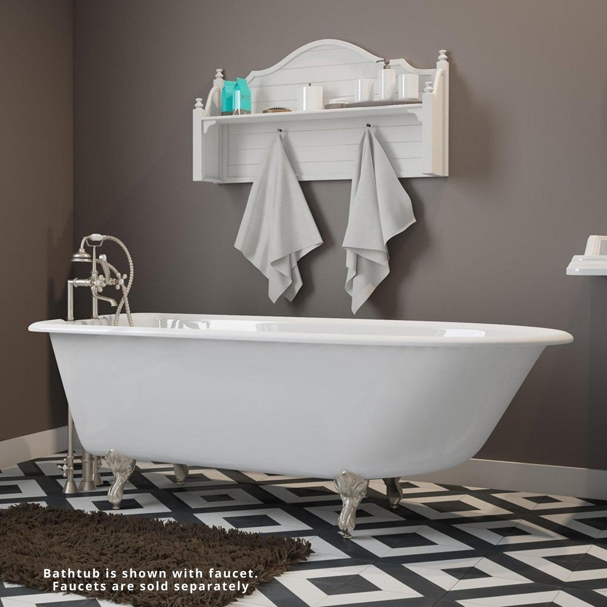 Cambridge Plumbing, Cambridge Plumbing 60" White Cast Iron Rolled Rim Clawfoot Bathtub With Deck Holes With Brushed Nickel Feet