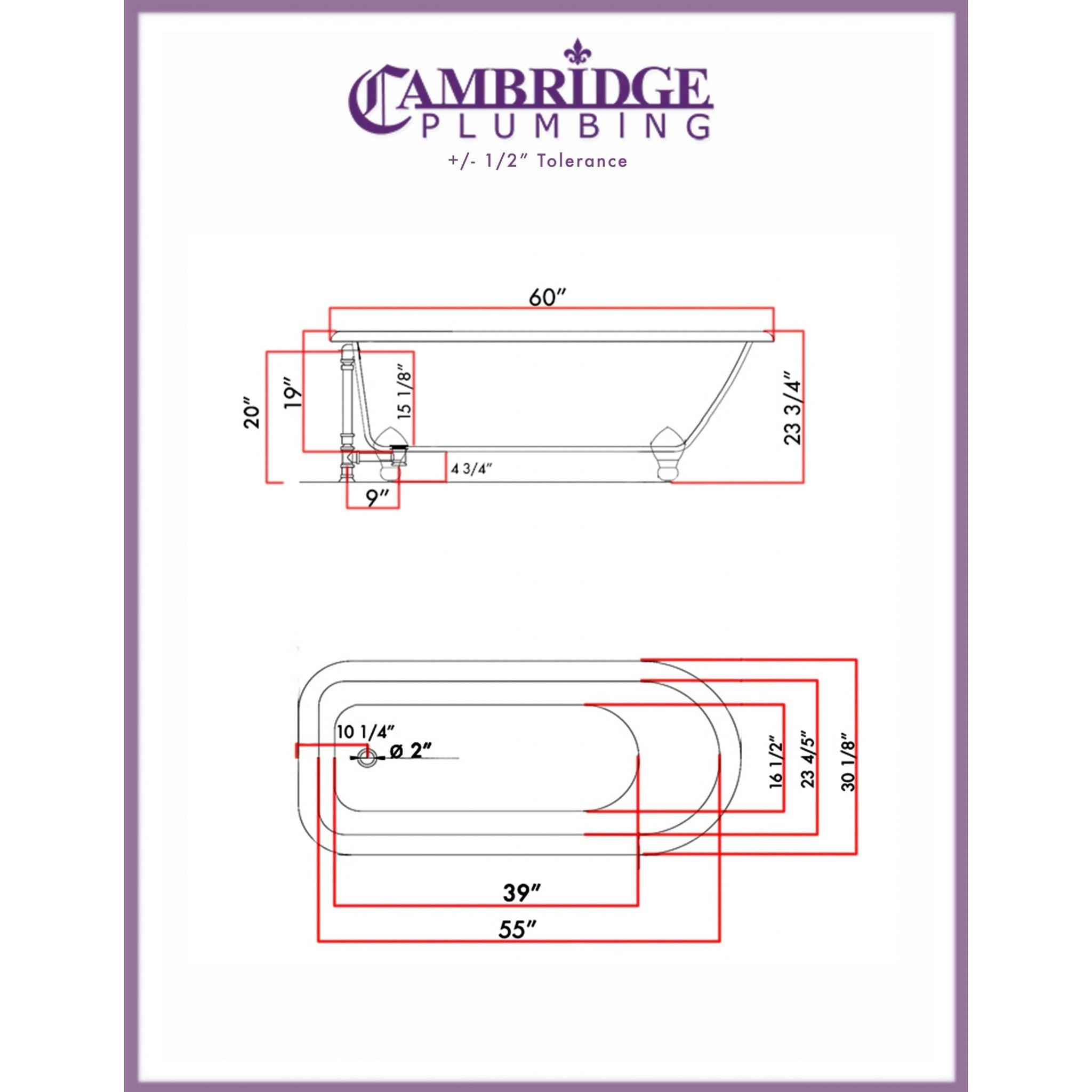 Cambridge Plumbing, Cambridge Plumbing 60" White Cast Iron Rolled Rim Clawfoot Bathtub With No Faucet Holes With Brushed Nickel Feet