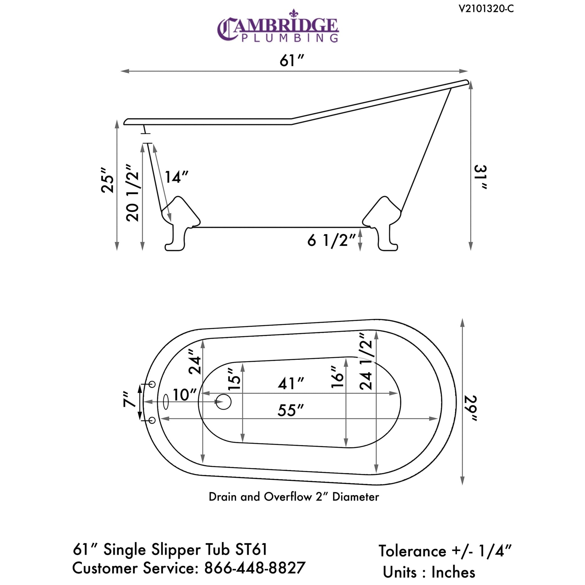 Cambridge Plumbing, Cambridge Plumbing 61" Cast Iron Single Slipper Copper Bronze Clawfoot Bathtub With Deck Holes With Oil Rubbed Bronze Feet