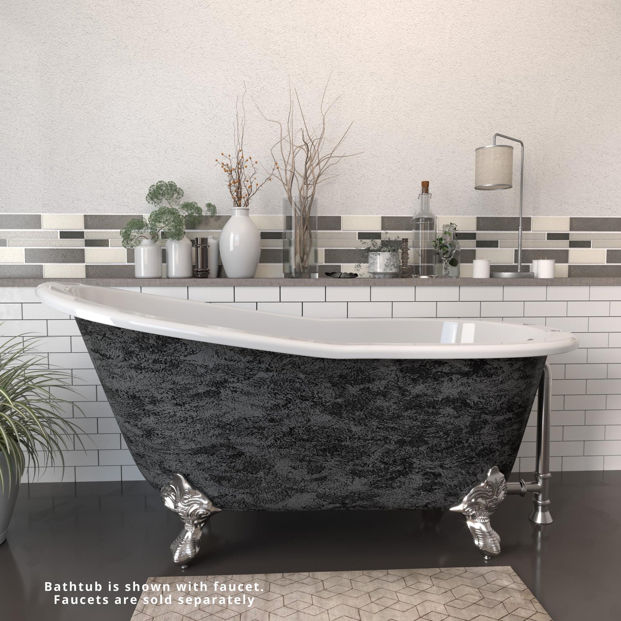 Cambridge Plumbing, Cambridge Plumbing 61" Cast Iron Single Slipper Scorched Platinum Clawfoot Bathtub With Deck Holes With Brushed Nickel Feet